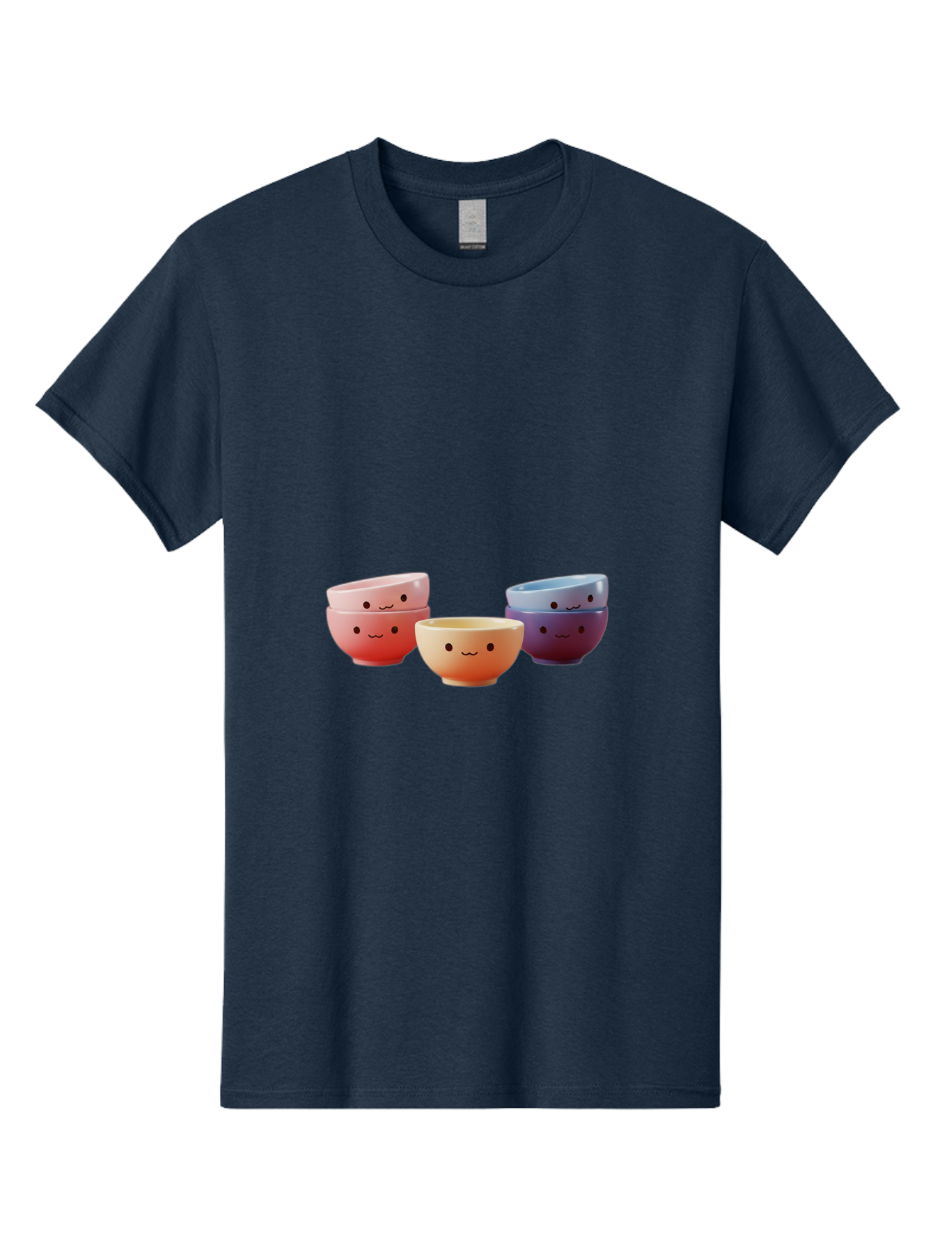 Stacked-Bowls-1 Men'S Graphic Tee, 100% Cotton, Comfortable Casual Summer Wear, Machine Washable, Ceramic Bowls, Smiling Faces, Colorful Dinnerware, Pastel Colors, Happy Kitchen Accessories, Table Setting, Cute Home Decor, Unique Gift Ideas Bab447