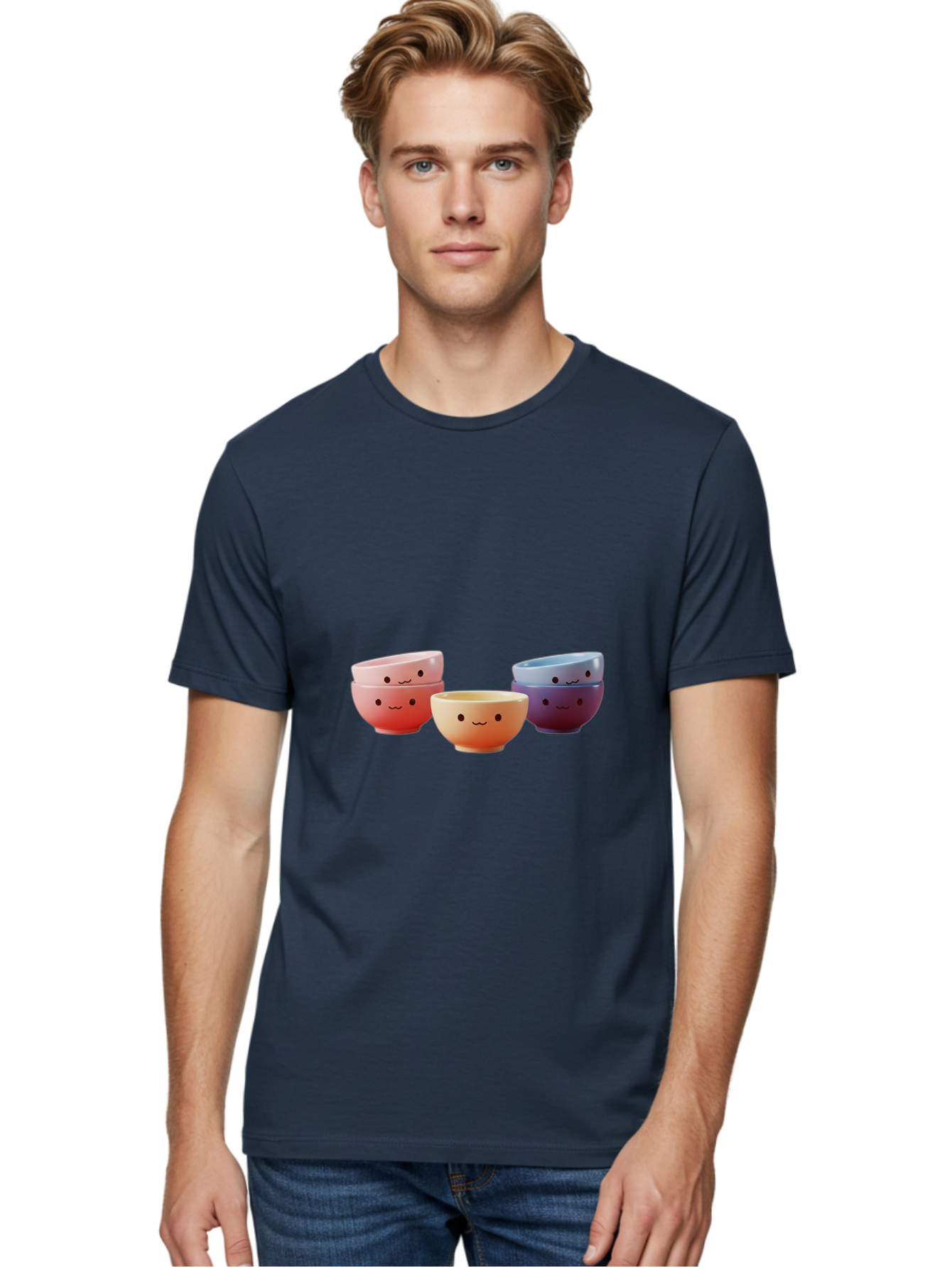 Stacked-Bowls-1 Men'S Graphic Tee, 100% Cotton, Comfortable Casual Summer Wear, Machine Washable, Ceramic Bowls, Smiling Faces, Colorful Dinnerware, Pastel Colors, Happy Kitchen Accessories, Table Setting, Cute Home Decor, Unique Gift Ideas Bab447