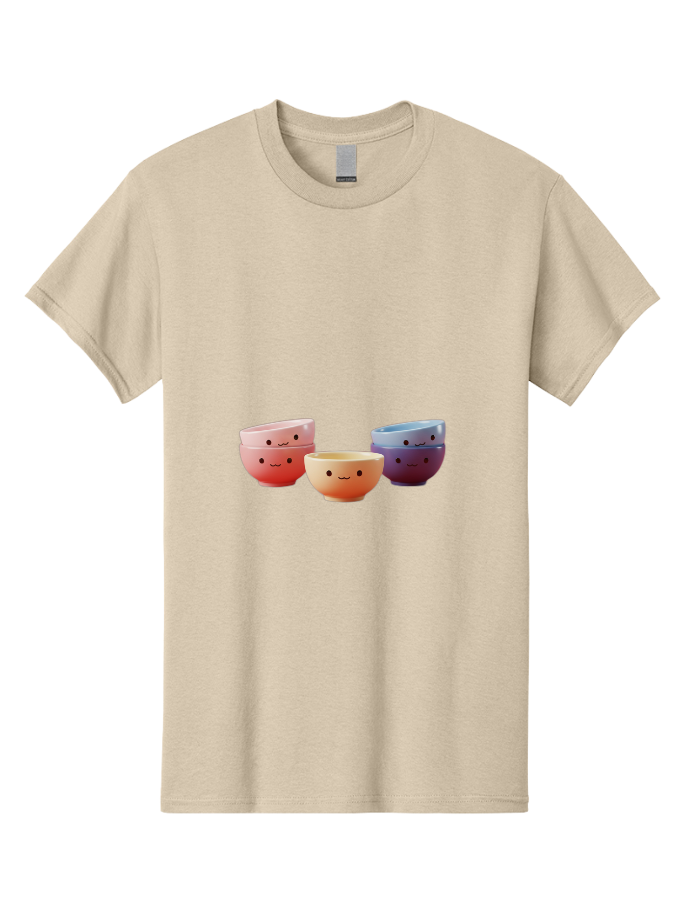 Stacked-Bowls-1 Men'S Graphic Tee, 100% Cotton, Comfortable Casual Summer Wear, Machine Washable, Ceramic Bowls, Smiling Faces, Colorful Dinnerware, Pastel Colors, Happy Kitchen Accessories, Table Setting, Cute Home Decor, Unique Gift Ideas Bab447