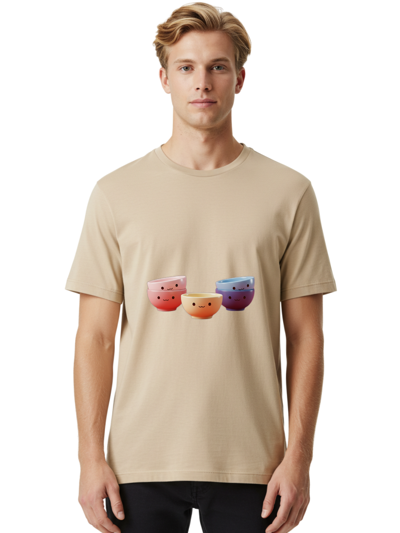 Stacked-Bowls-1 Men'S Graphic Tee, 100% Cotton, Comfortable Casual Summer Wear, Machine Washable, Ceramic Bowls, Smiling Faces, Colorful Dinnerware, Pastel Colors, Happy Kitchen Accessories, Table Setting, Cute Home Decor, Unique Gift Ideas Bab447
