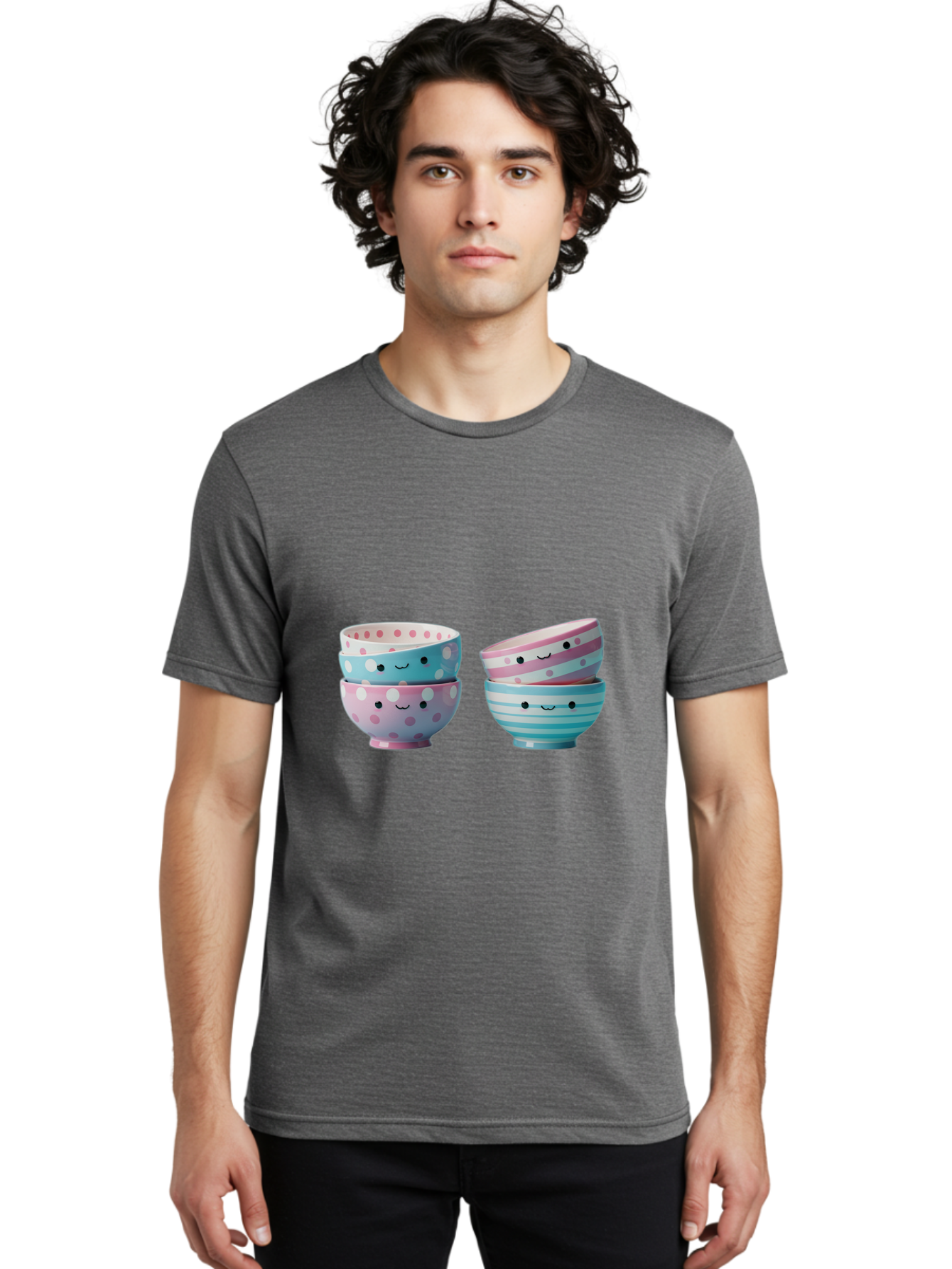 Stacked-Bowls-2 Men'S Graphic Tee, 100% Cotton, Comfortable Casual Summer Wear, Machine Washable, Stacked Bowls, Pastel Colors, Polka Dots, Stripes, Cute Faces, Smiling Bowls, Playful Tableware, Colorful Kitchenware, Whimsical Design, Bab448
