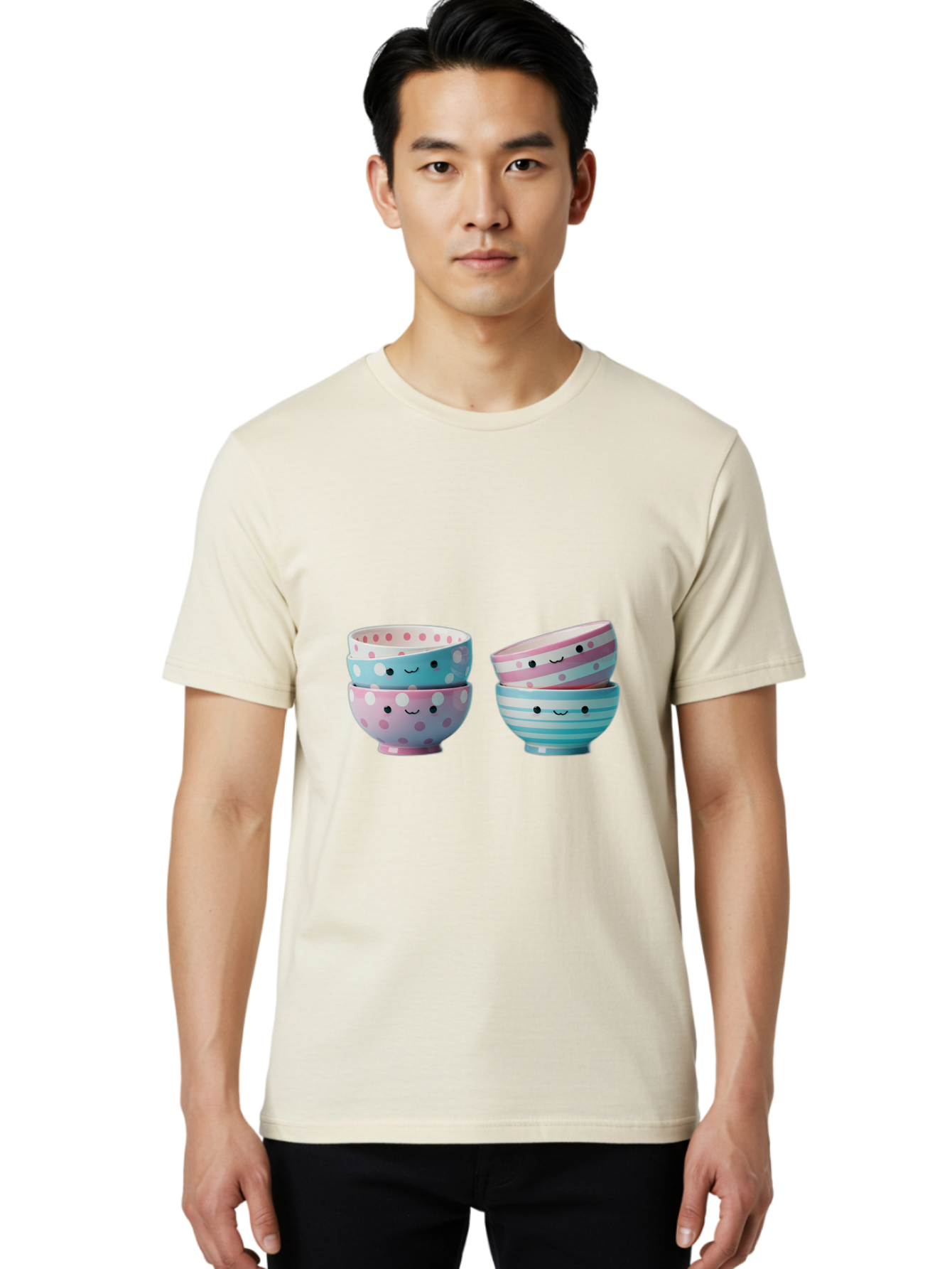 Stacked-Bowls-2 Men'S Graphic Tee, 100% Cotton, Comfortable Casual Summer Wear, Machine Washable, Stacked Bowls, Pastel Colors, Polka Dots, Stripes, Cute Faces, Smiling Bowls, Playful Tableware, Colorful Kitchenware, Whimsical Design, Bab448