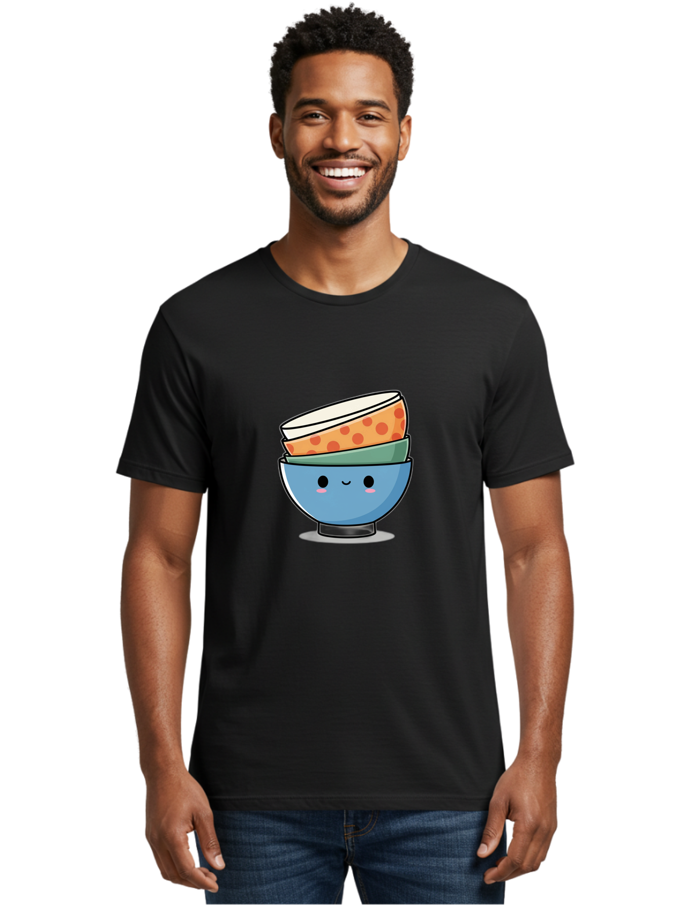 Stacked-Bowls Men'S Graphic Tee, 100% Cotton, Comfortable Casual Summer Wear, Machine Washable, Stacked Bowls, Cartoon Character, Kitchen Utensils, Tableware, Kawaii Art, Cute Illustration, Playful Design, Smiling Bowls, Colorful Pattern, Bab449