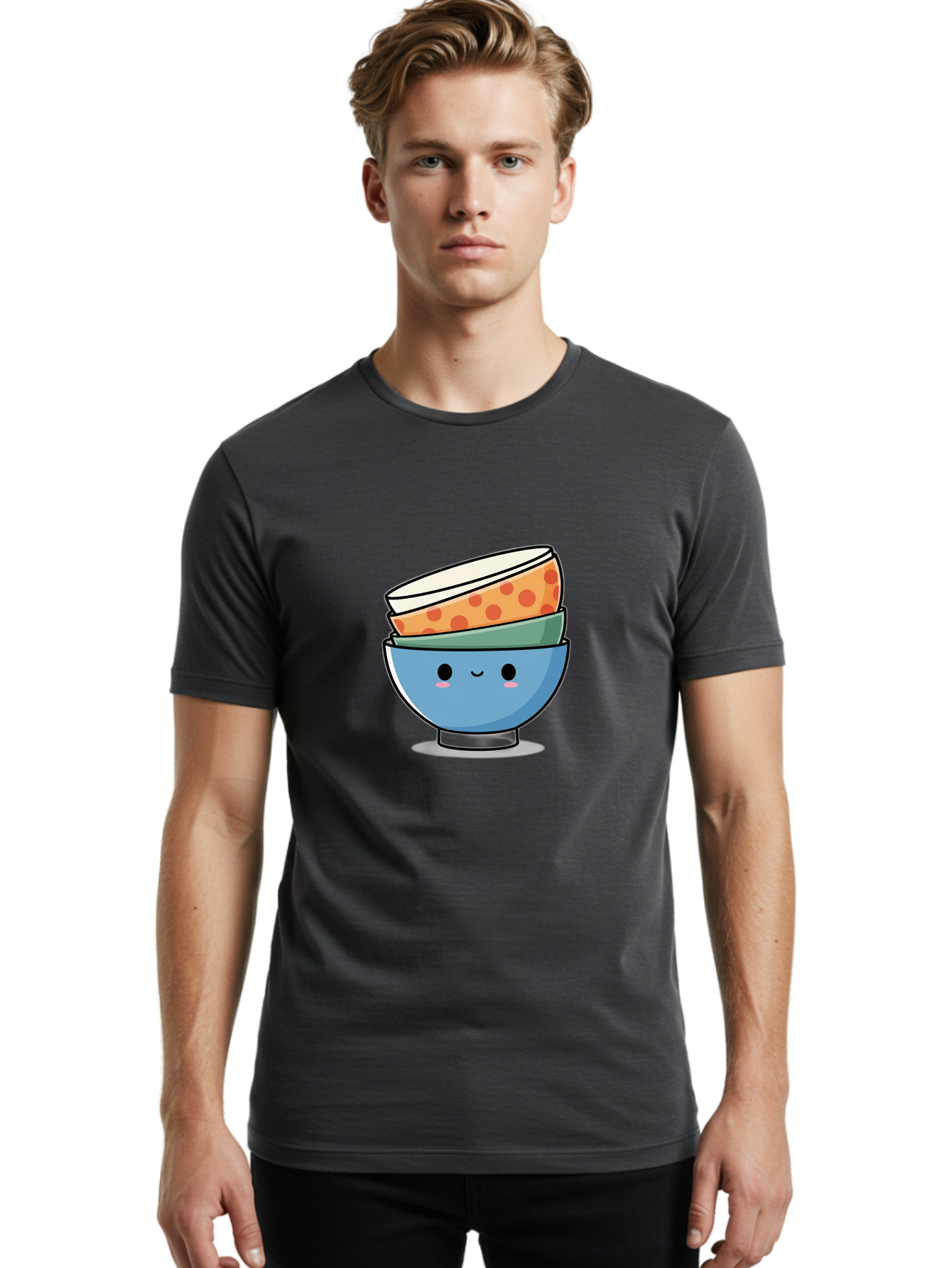 Stacked-Bowls Men'S Graphic Tee, 100% Cotton, Comfortable Casual Summer Wear, Machine Washable, Stacked Bowls, Cartoon Character, Kitchen Utensils, Tableware, Kawaii Art, Cute Illustration, Playful Design, Smiling Bowls, Colorful Pattern, Bab449