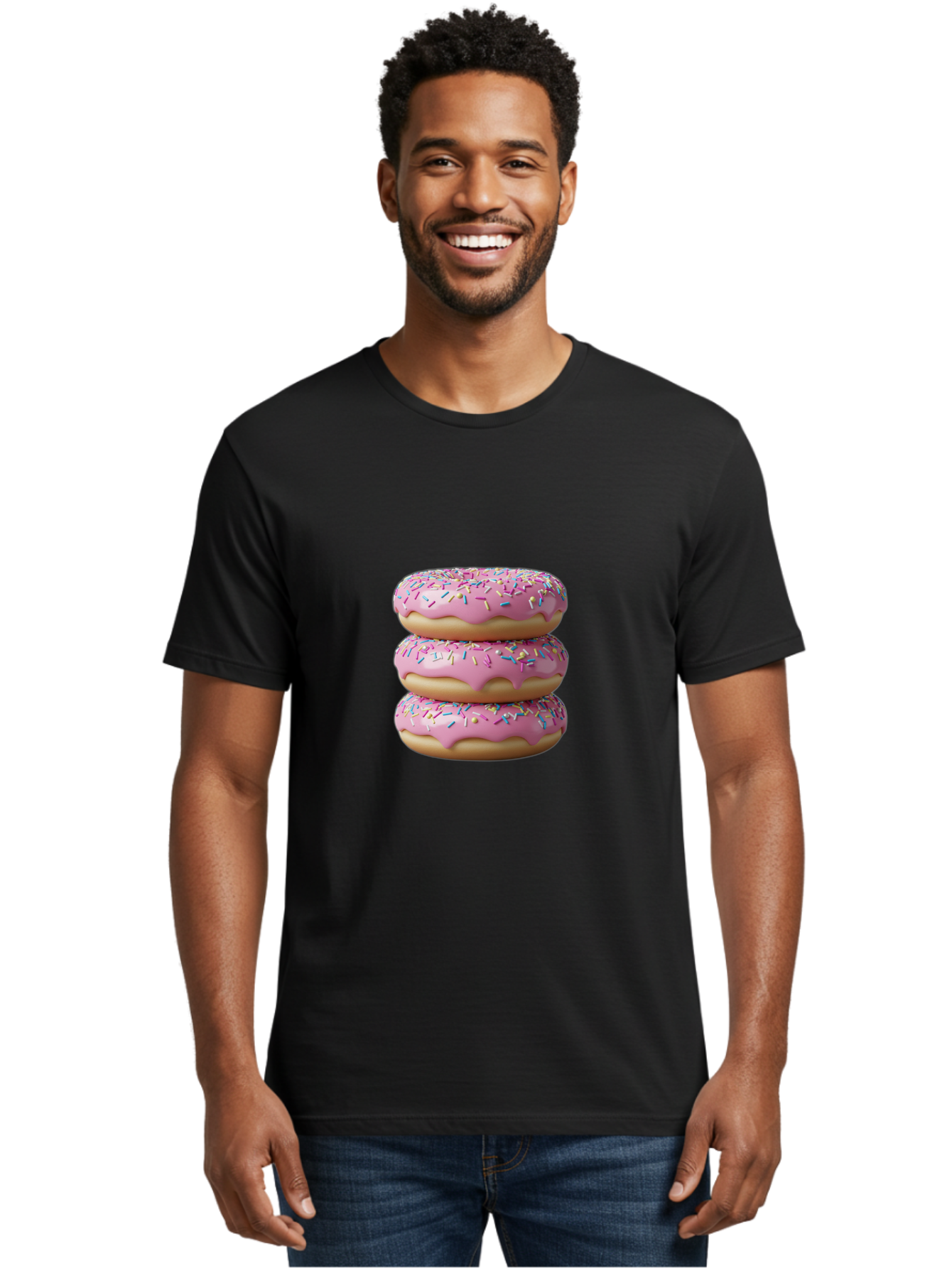 Stacked-Donuts Men'S Graphic Tee, 100% Cotton, Comfortable Casual Summer Wear, Machine Washable, Pink Frosted Donuts, Donuts With Sprinkles, Sweet Treats, Dessert Donuts, Colorful Donuts, Baked Goods, Tasty Pastries, Donut Stack, Sweet Tooth, Bab450