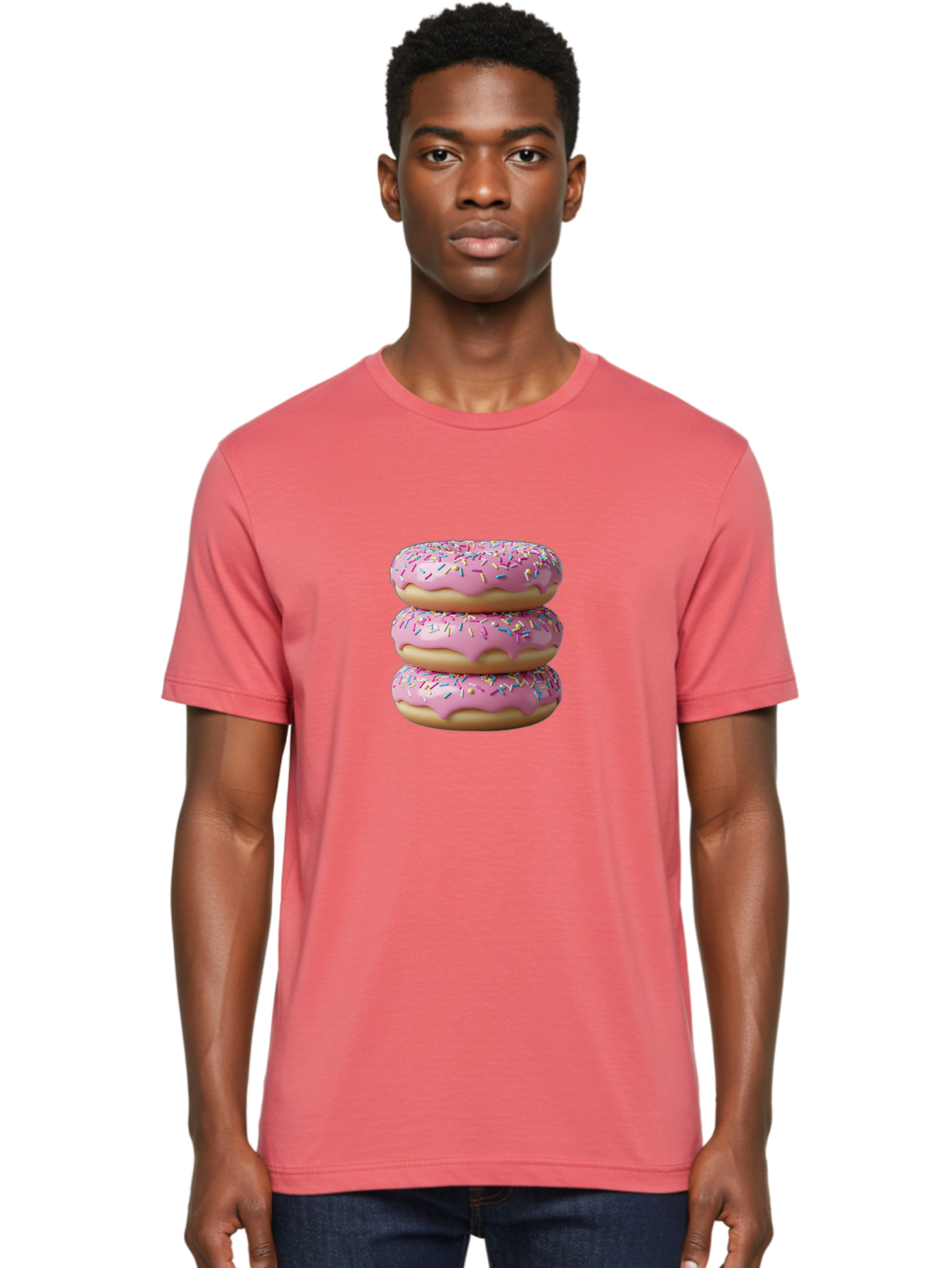Stacked-Donuts Men'S Graphic Tee, 100% Cotton, Comfortable Casual Summer Wear, Machine Washable, Pink Frosted Donuts, Donuts With Sprinkles, Sweet Treats, Dessert Donuts, Colorful Donuts, Baked Goods, Tasty Pastries, Donut Stack, Sweet Tooth, Bab450