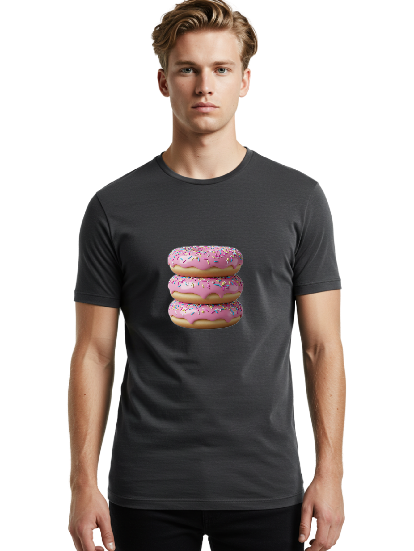 Stacked-Donuts Men'S Graphic Tee, 100% Cotton, Comfortable Casual Summer Wear, Machine Washable, Pink Frosted Donuts, Donuts With Sprinkles, Sweet Treats, Dessert Donuts, Colorful Donuts, Baked Goods, Tasty Pastries, Donut Stack, Sweet Tooth, Bab450