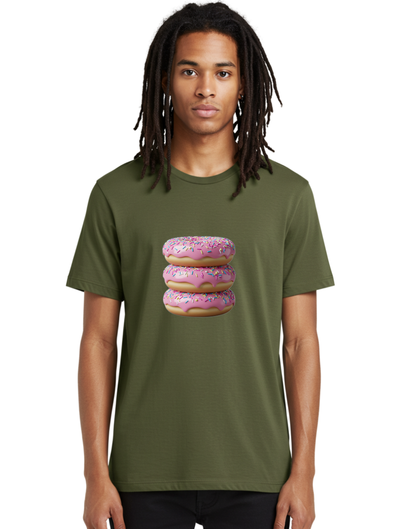 Stacked-Donuts Men'S Graphic Tee, 100% Cotton, Comfortable Casual Summer Wear, Machine Washable, Pink Frosted Donuts, Donuts With Sprinkles, Sweet Treats, Dessert Donuts, Colorful Donuts, Baked Goods, Tasty Pastries, Donut Stack, Sweet Tooth, Bab450