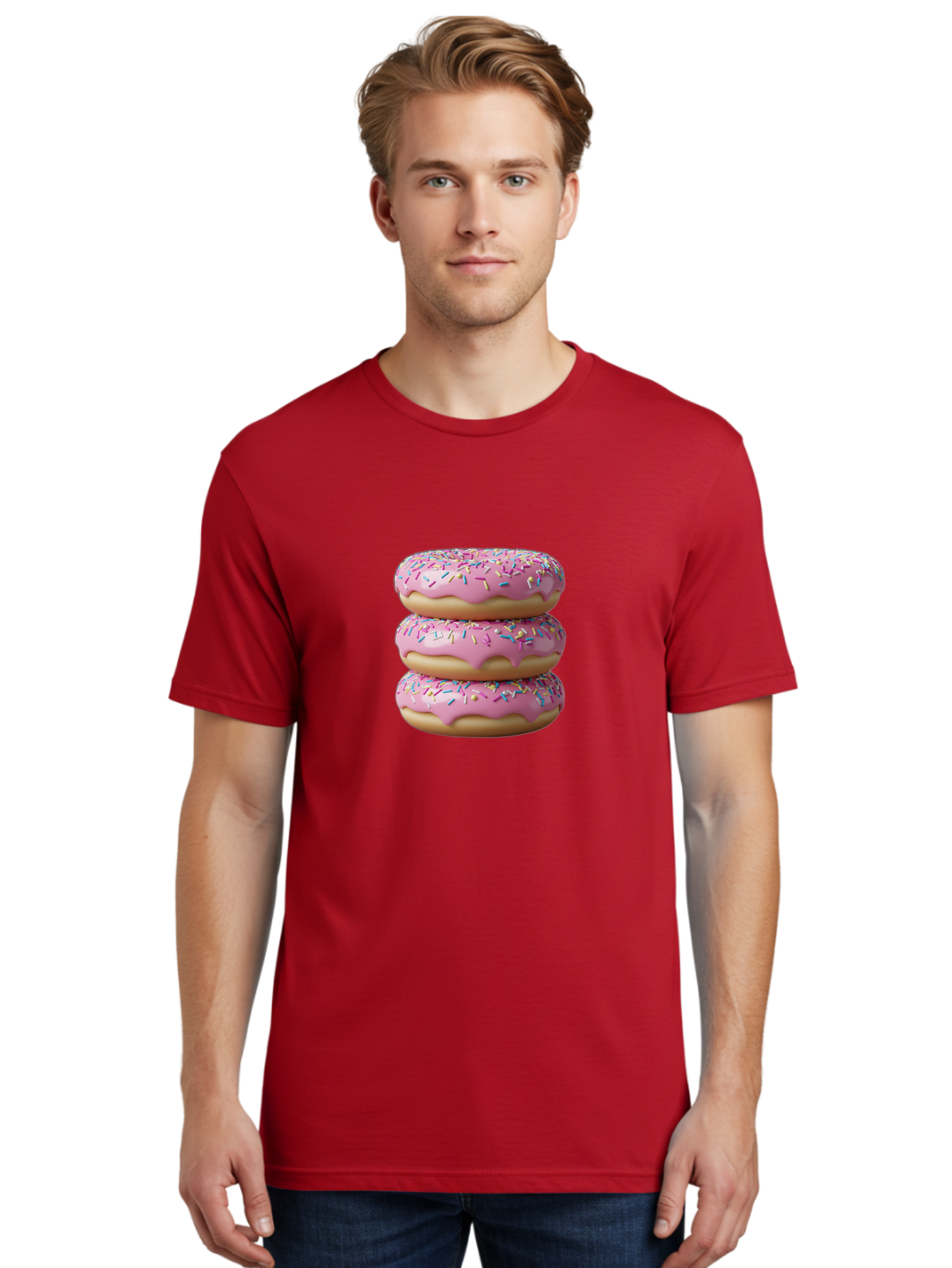 Stacked-Donuts Men'S Graphic Tee, 100% Cotton, Comfortable Casual Summer Wear, Machine Washable, Pink Frosted Donuts, Donuts With Sprinkles, Sweet Treats, Dessert Donuts, Colorful Donuts, Baked Goods, Tasty Pastries, Donut Stack, Sweet Tooth, Bab450