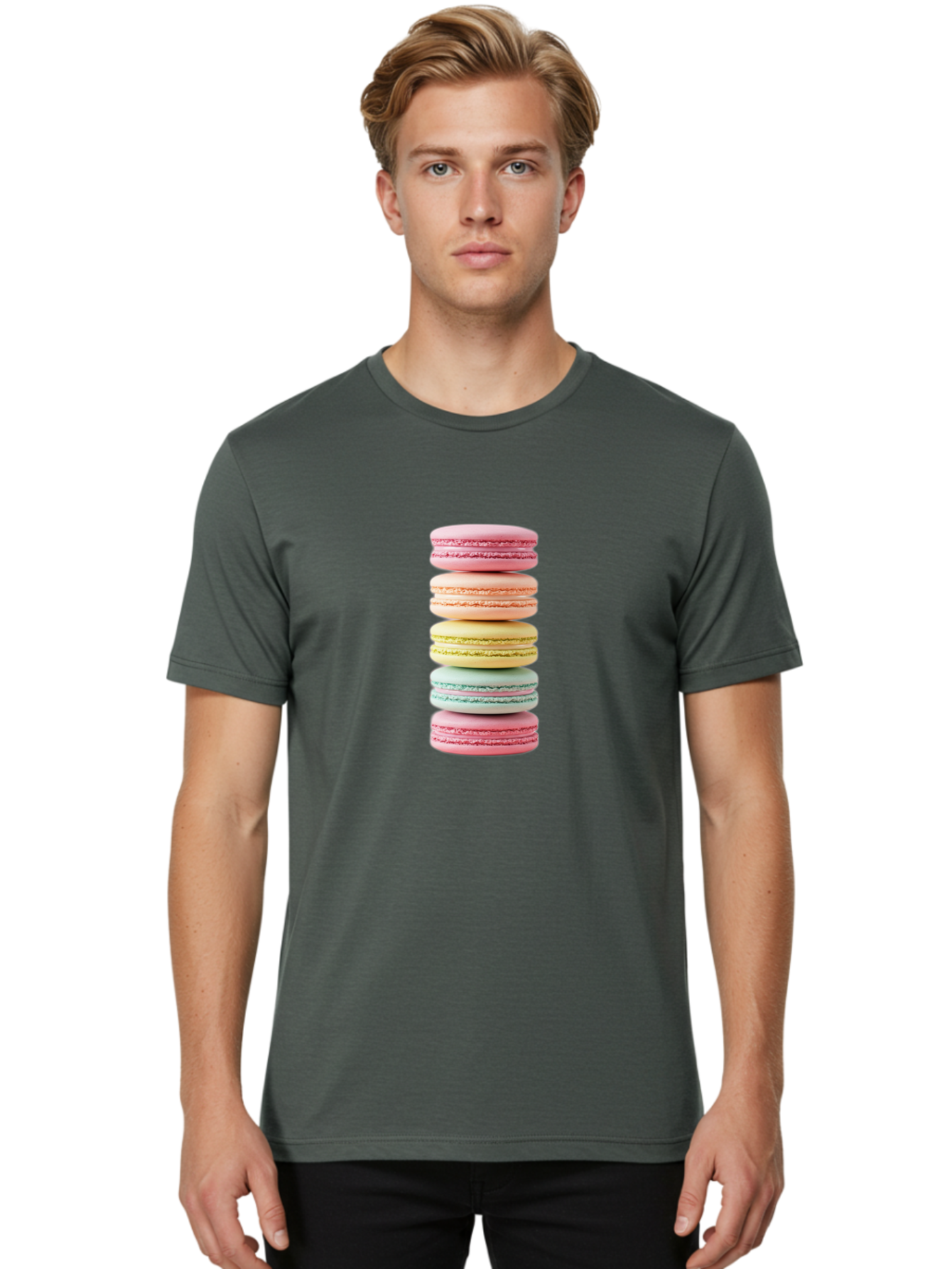 Stacked-Macarons-1 Men'S Graphic Tee, 100% Cotton, Comfortable Casual Summer Wear, Machine Washable, Colorful Macarons, Pastel Colors, Stacked Treats, Sweet Delights, Dessert Lovers, Macaron Tower, French Patisserie, Colorful Sweets, Bab451