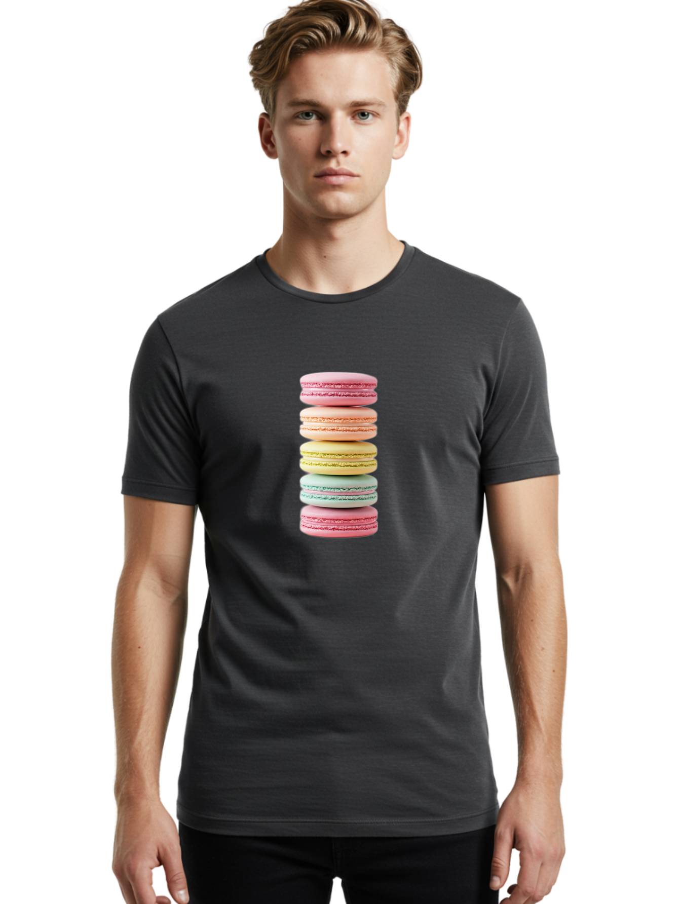 Stacked-Macarons-1 Men'S Graphic Tee, 100% Cotton, Comfortable Casual Summer Wear, Machine Washable, Colorful Macarons, Pastel Colors, Stacked Treats, Sweet Delights, Dessert Lovers, Macaron Tower, French Patisserie, Colorful Sweets, Bab451