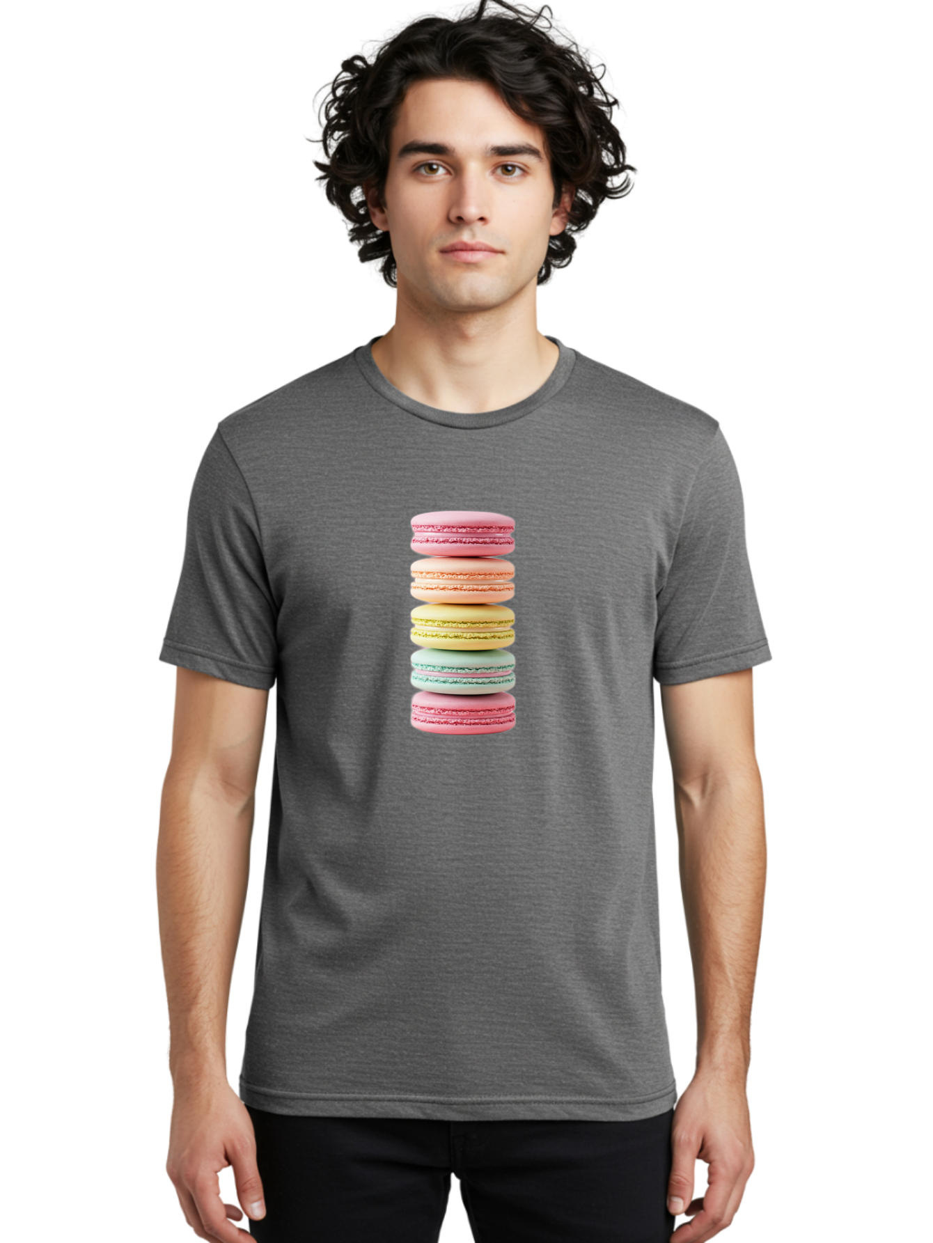 Stacked-Macarons-1 Men'S Graphic Tee, 100% Cotton, Comfortable Casual Summer Wear, Machine Washable, Colorful Macarons, Pastel Colors, Stacked Treats, Sweet Delights, Dessert Lovers, Macaron Tower, French Patisserie, Colorful Sweets, Bab451