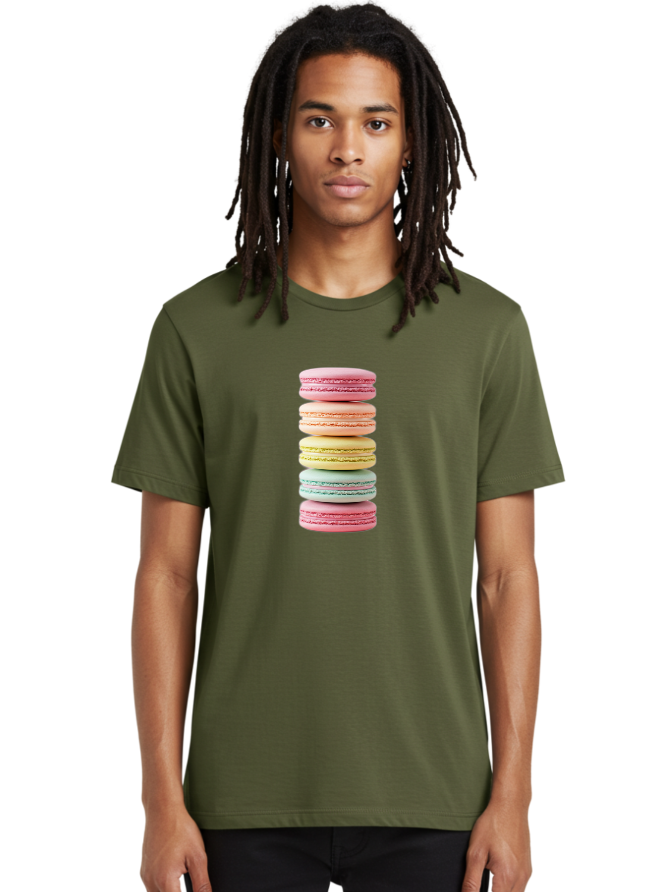 Stacked-Macarons-1 Men'S Graphic Tee, 100% Cotton, Comfortable Casual Summer Wear, Machine Washable, Colorful Macarons, Pastel Colors, Stacked Treats, Sweet Delights, Dessert Lovers, Macaron Tower, French Patisserie, Colorful Sweets, Bab451