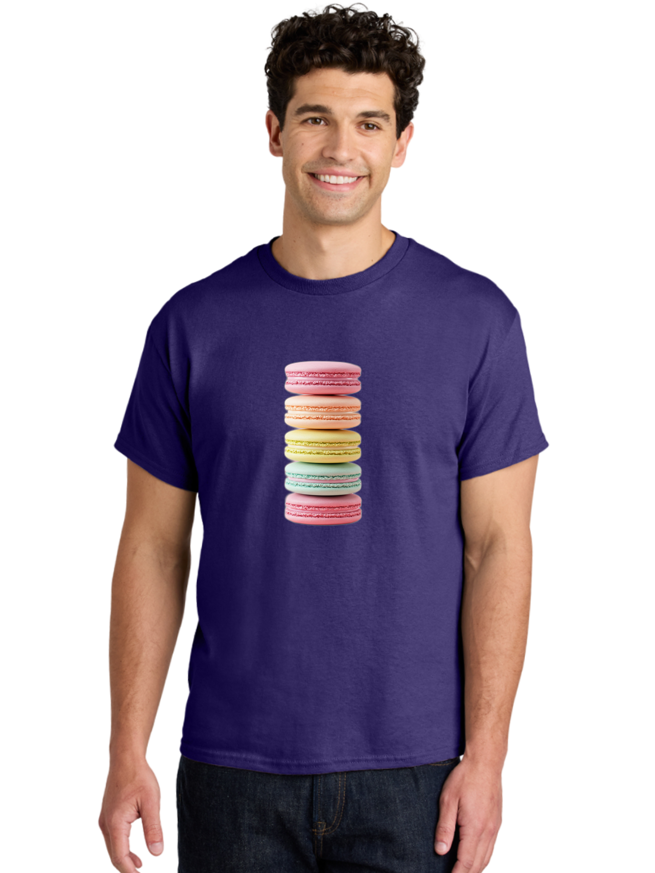 Stacked-Macarons-1 Men'S Graphic Tee, 100% Cotton, Comfortable Casual Summer Wear, Machine Washable, Colorful Macarons, Pastel Colors, Stacked Treats, Sweet Delights, Dessert Lovers, Macaron Tower, French Patisserie, Colorful Sweets, Bab451
