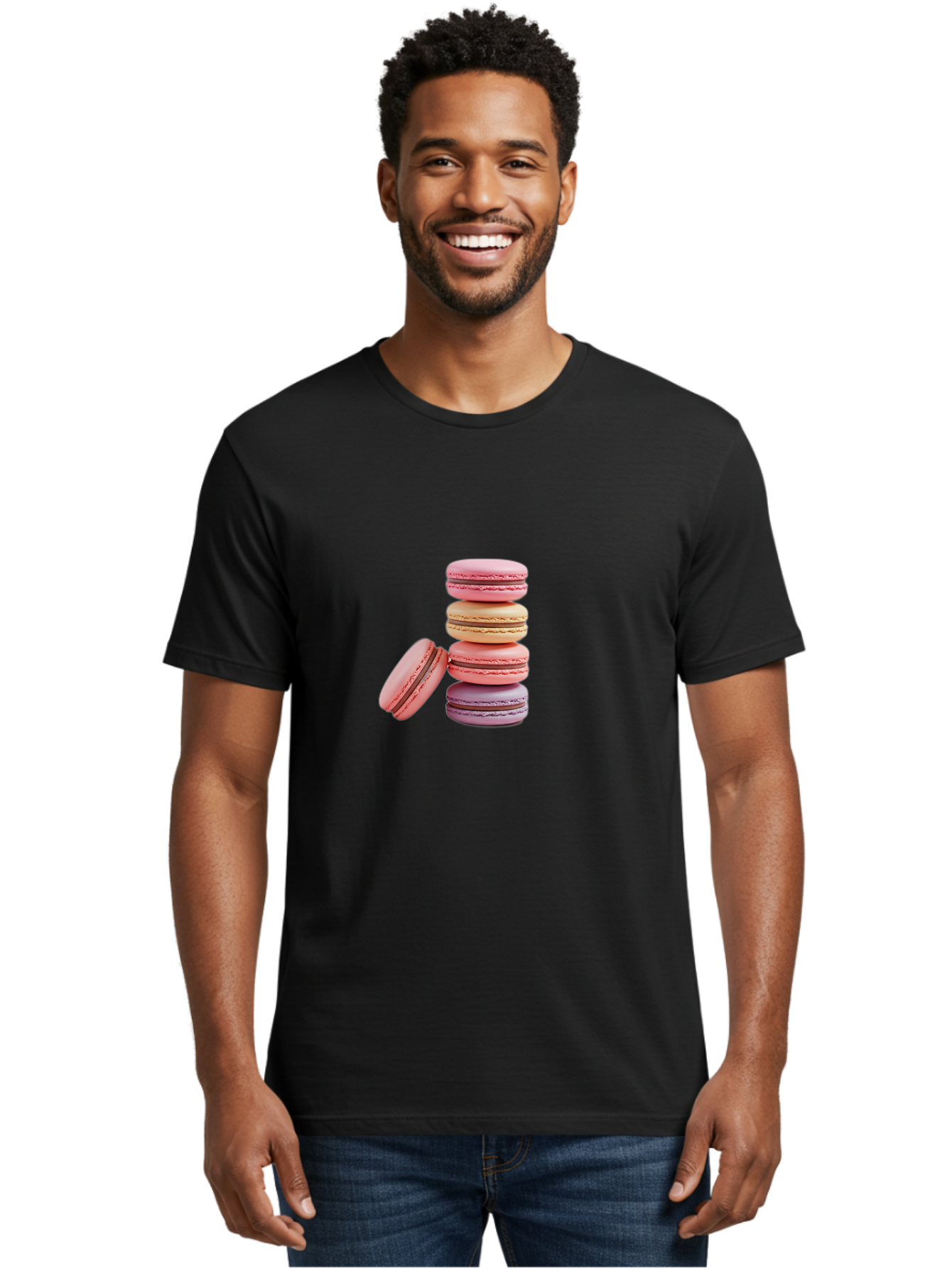 Stacked-Macarons-2 Men'S Graphic Tee, 100% Cotton, Comfortable Casual Summer Wear, Machine Washable, Assorted Macarons, Pastel Colors, French Desserts, Sweets, Desserts, Macaron Stack, Confectionery, Delicate Cookies, Sweet Treats, Bab452