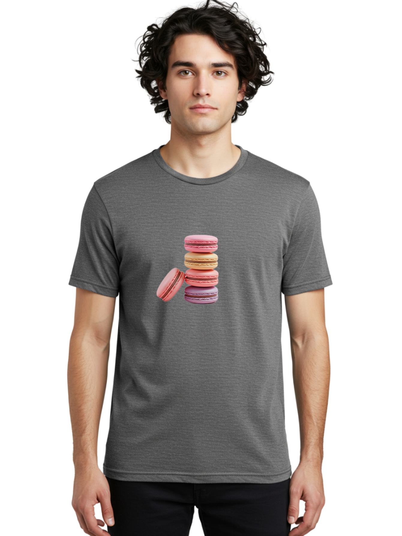 Stacked-Macarons-2 Men'S Graphic Tee, 100% Cotton, Comfortable Casual Summer Wear, Machine Washable, Assorted Macarons, Pastel Colors, French Desserts, Sweets, Desserts, Macaron Stack, Confectionery, Delicate Cookies, Sweet Treats, Bab452