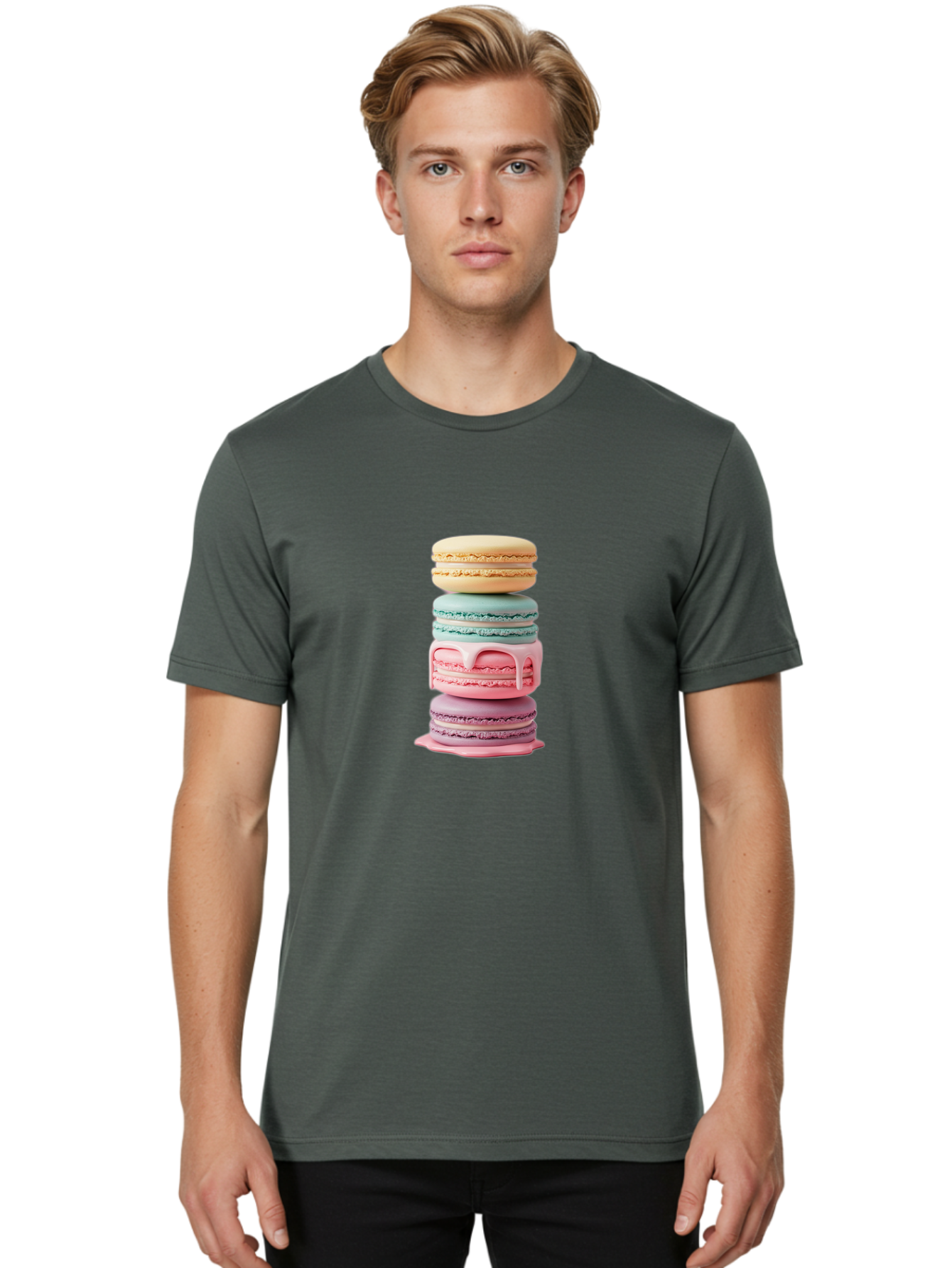 Stacked-Macarons-3 Men'S Graphic Tee, 100% Cotton, Comfortable Casual Summer Wear, Machine Washable, Stack Of Macarons, Pastel Colors, Sweet Treats, Dessert Lovers, French Patisserie, Creamy Filling, Delicate Meringue, Layered Macarons, Bab453