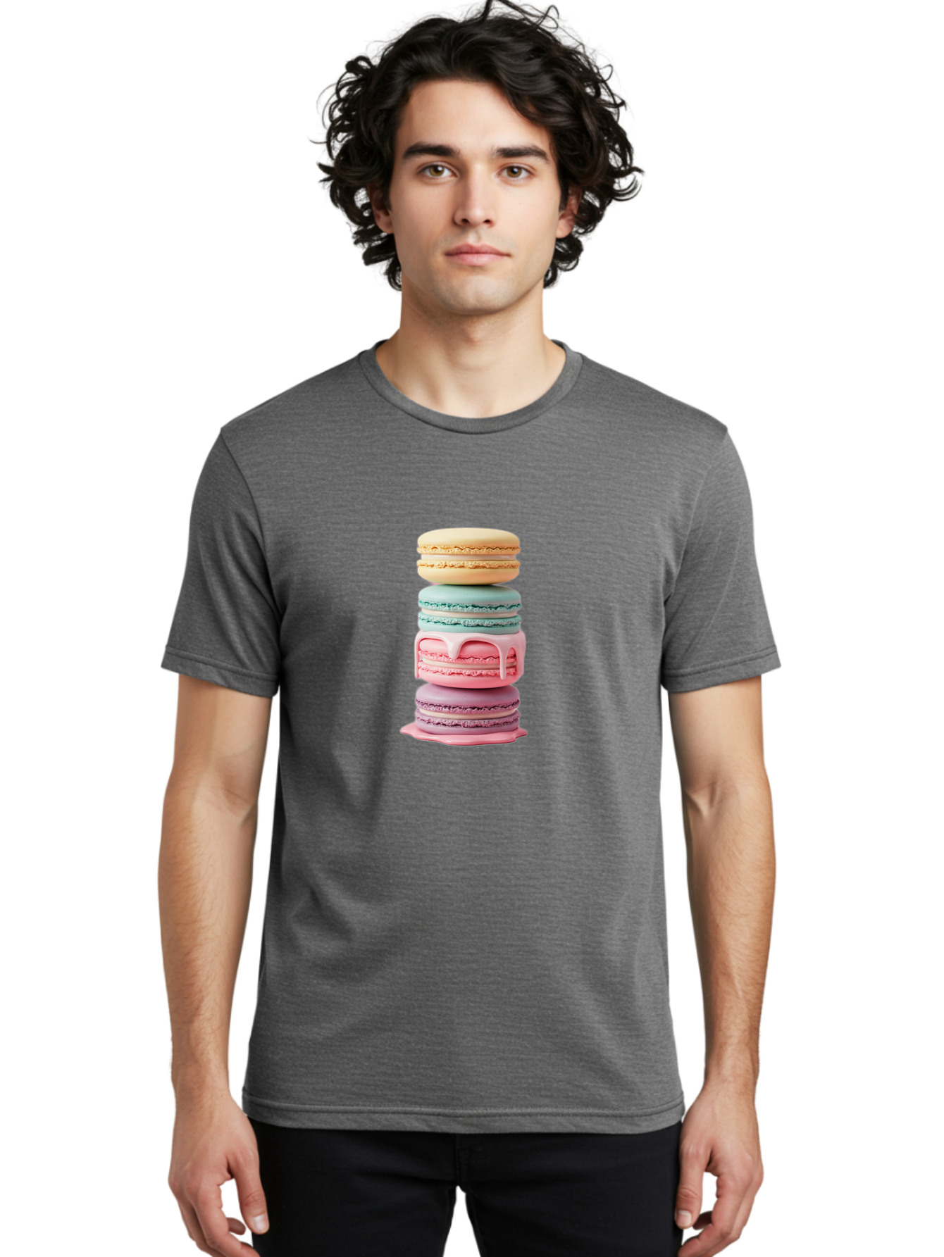 Stacked-Macarons-3 Men'S Graphic Tee, 100% Cotton, Comfortable Casual Summer Wear, Machine Washable, Stack Of Macarons, Pastel Colors, Sweet Treats, Dessert Lovers, French Patisserie, Creamy Filling, Delicate Meringue, Layered Macarons, Bab453
