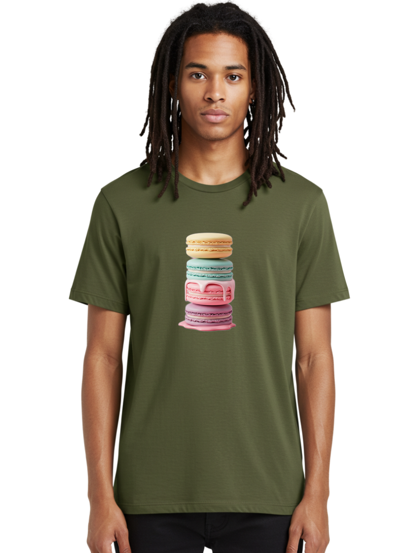 Stacked-Macarons-3 Men'S Graphic Tee, 100% Cotton, Comfortable Casual Summer Wear, Machine Washable, Stack Of Macarons, Pastel Colors, Sweet Treats, Dessert Lovers, French Patisserie, Creamy Filling, Delicate Meringue, Layered Macarons, Bab453
