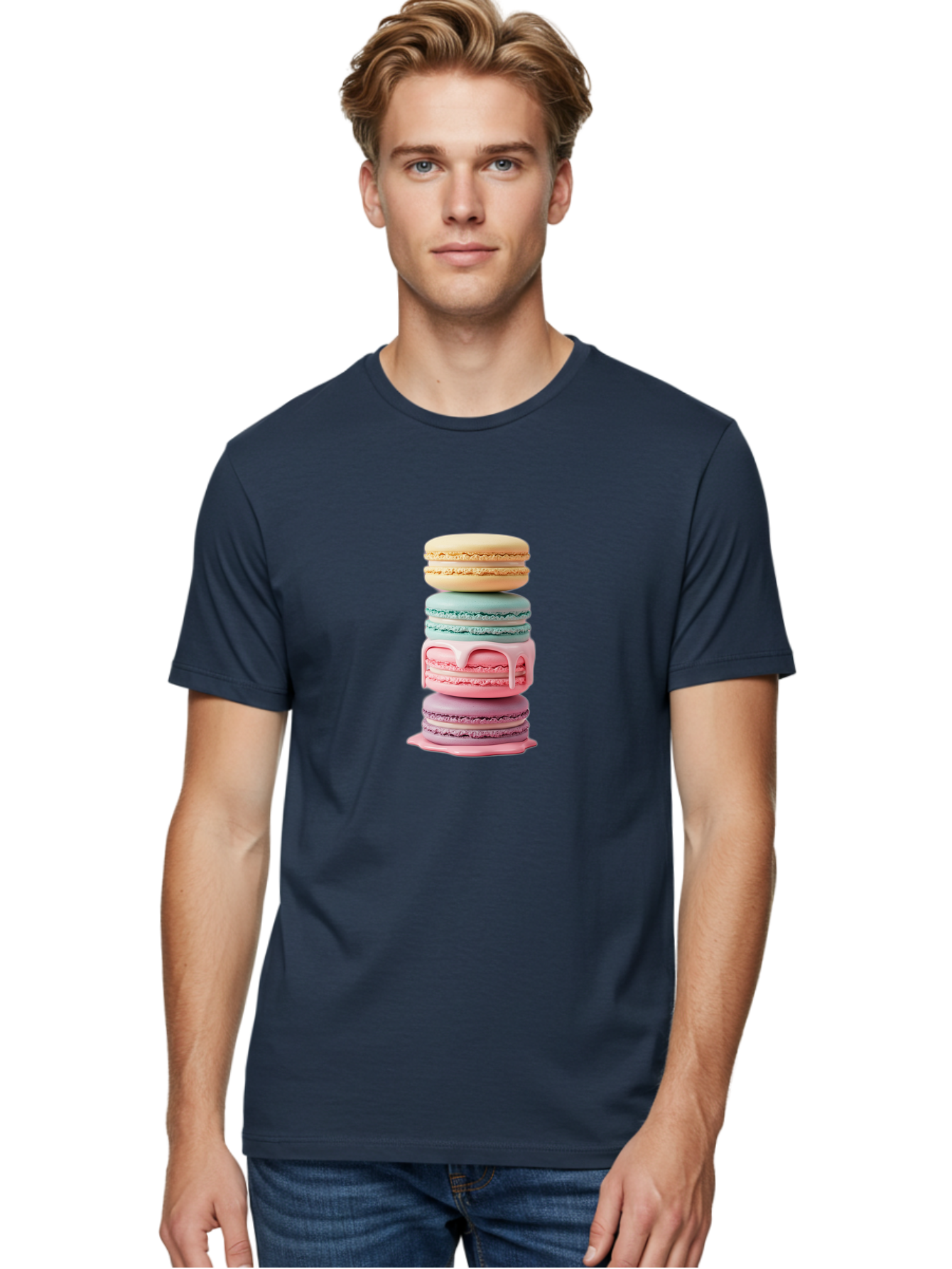 Stacked-Macarons-3 Men'S Graphic Tee, 100% Cotton, Comfortable Casual Summer Wear, Machine Washable, Stack Of Macarons, Pastel Colors, Sweet Treats, Dessert Lovers, French Patisserie, Creamy Filling, Delicate Meringue, Layered Macarons, Bab453
