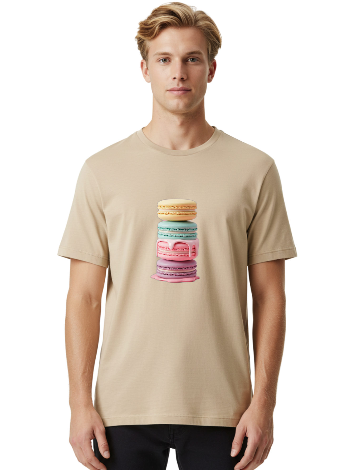 Stacked-Macarons-3 Men'S Graphic Tee, 100% Cotton, Comfortable Casual Summer Wear, Machine Washable, Stack Of Macarons, Pastel Colors, Sweet Treats, Dessert Lovers, French Patisserie, Creamy Filling, Delicate Meringue, Layered Macarons, Bab453
