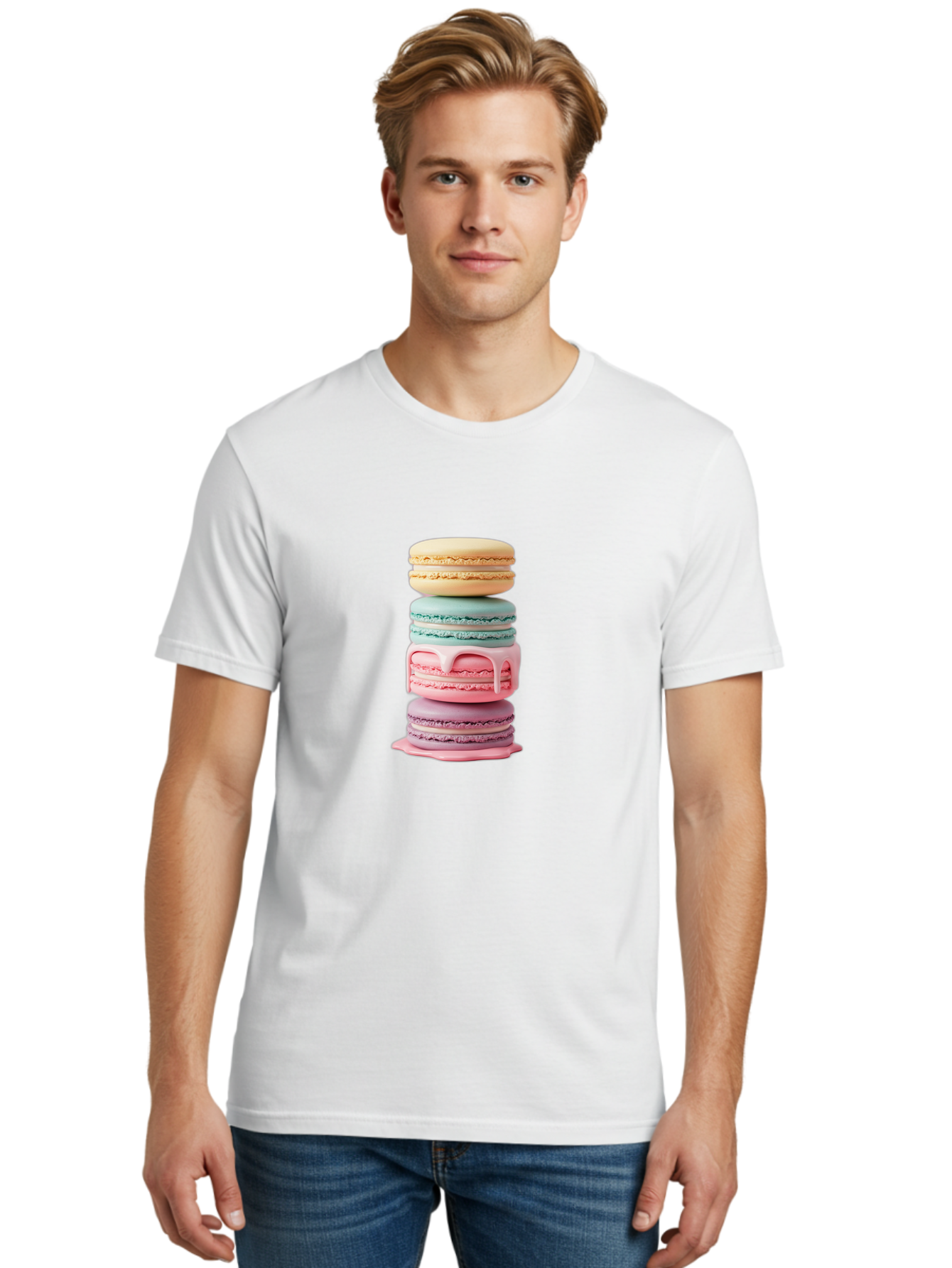 Stacked-Macarons-3 Men'S Graphic Tee, 100% Cotton, Comfortable Casual Summer Wear, Machine Washable, Stack Of Macarons, Pastel Colors, Sweet Treats, Dessert Lovers, French Patisserie, Creamy Filling, Delicate Meringue, Layered Macarons, Bab453