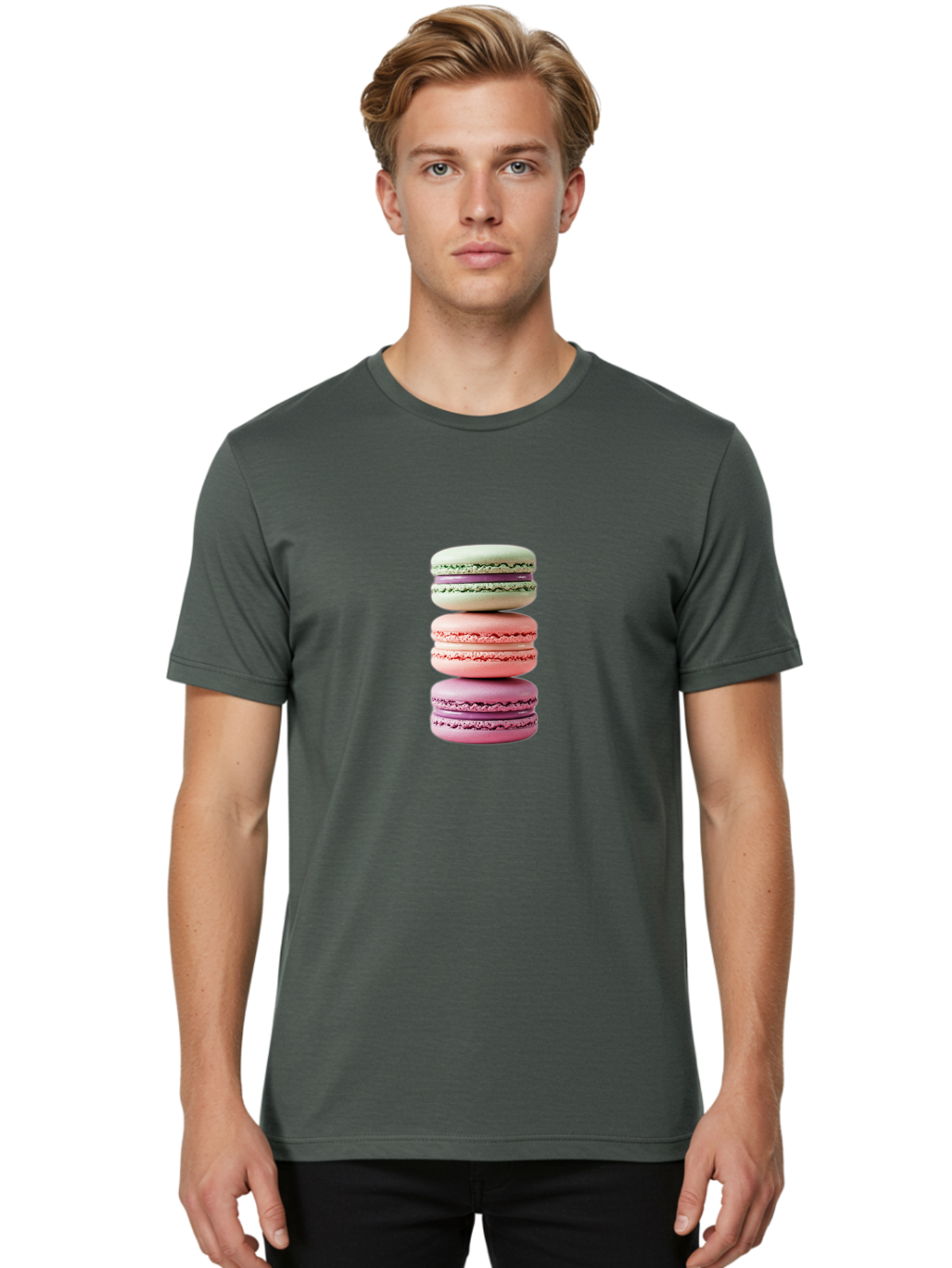 Stacked-Macarons-4 Men'S Graphic Tee, 100% Cotton, Comfortable Casual Summer Wear, Machine Washable, Pink And White Macarons, Stacked Macarons, Pastel Colors, French Desserts, Sweet Treats, Baked Goods, Delicate Texture, Creamy Filling Bab454