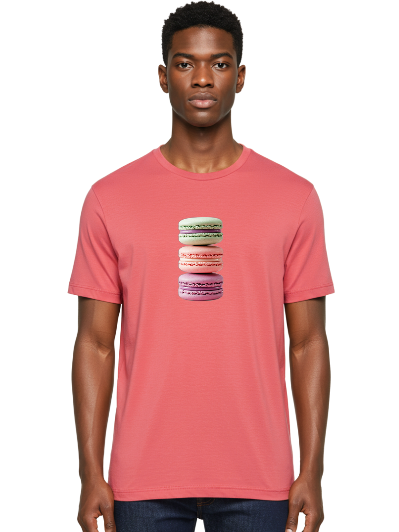 Stacked-Macarons-4 Men'S Graphic Tee, 100% Cotton, Comfortable Casual Summer Wear, Machine Washable, Pink And White Macarons, Stacked Macarons, Pastel Colors, French Desserts, Sweet Treats, Baked Goods, Delicate Texture, Creamy Filling Bab454