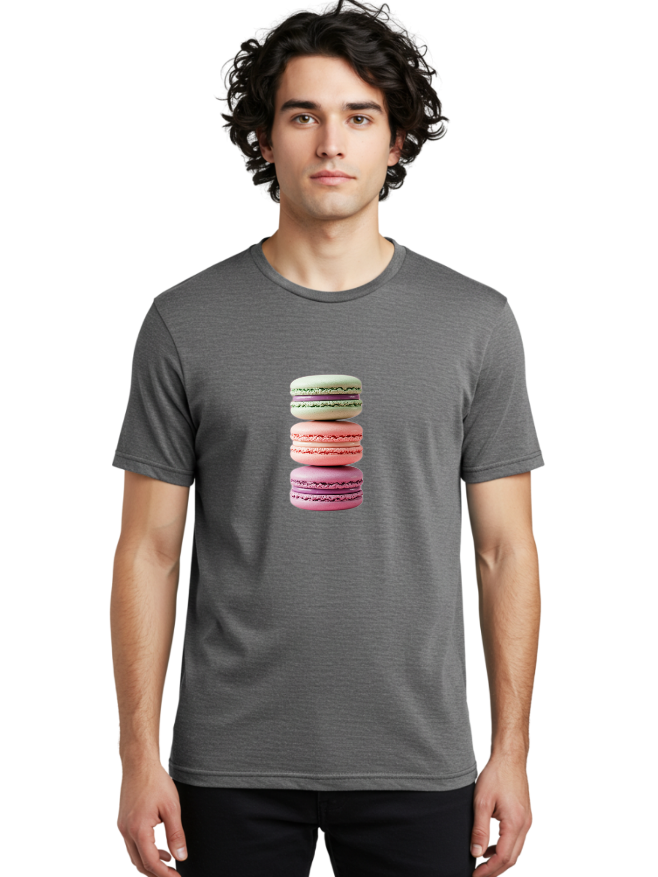 Stacked-Macarons-4 Men'S Graphic Tee, 100% Cotton, Comfortable Casual Summer Wear, Machine Washable, Pink And White Macarons, Stacked Macarons, Pastel Colors, French Desserts, Sweet Treats, Baked Goods, Delicate Texture, Creamy Filling Bab454