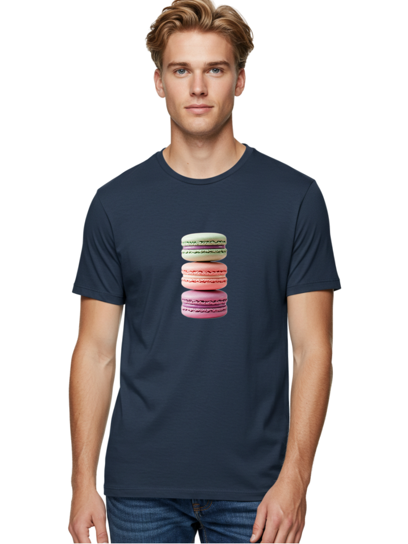 Stacked-Macarons-4 Men'S Graphic Tee, 100% Cotton, Comfortable Casual Summer Wear, Machine Washable, Pink And White Macarons, Stacked Macarons, Pastel Colors, French Desserts, Sweet Treats, Baked Goods, Delicate Texture, Creamy Filling Bab454