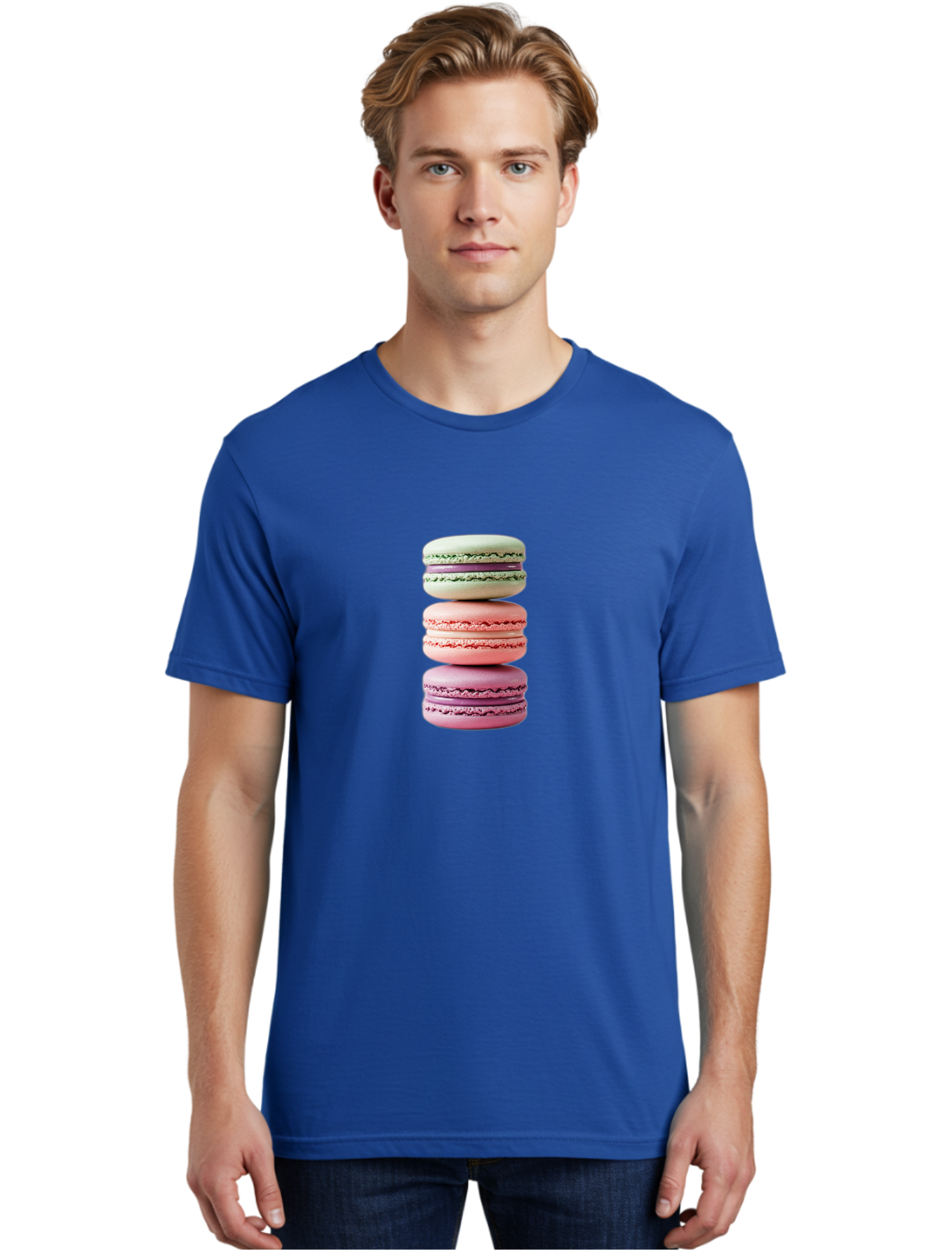 Stacked-Macarons-4 Men'S Graphic Tee, 100% Cotton, Comfortable Casual Summer Wear, Machine Washable, Pink And White Macarons, Stacked Macarons, Pastel Colors, French Desserts, Sweet Treats, Baked Goods, Delicate Texture, Creamy Filling Bab454