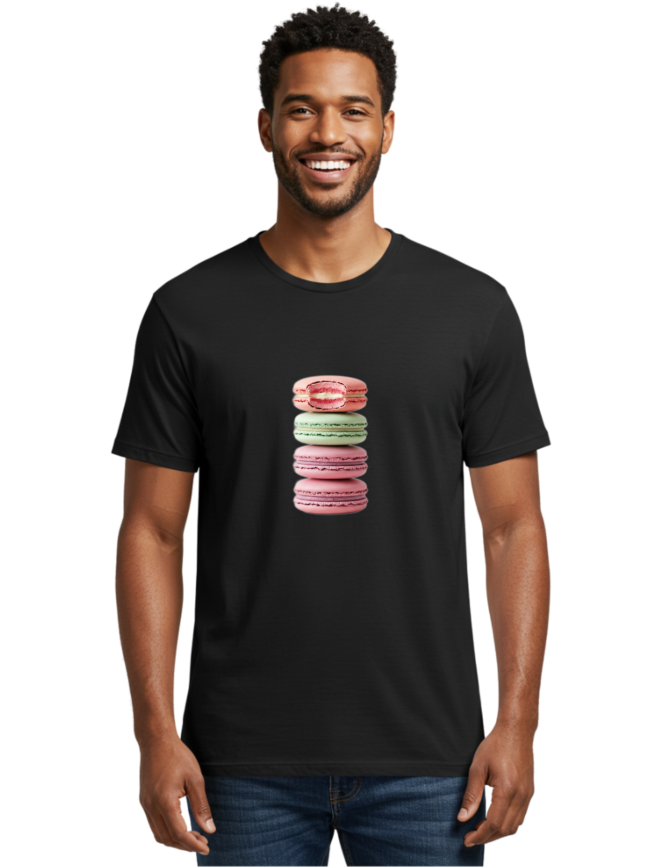 Stacked-Macarons Men'S Graphic Tee, 100% Cotton, Comfortable Casual Summer Wear, Machine Washable, Pink And Green Macarons, Stacked Macarons, French Patisserie, Sweet Treats, Delicate Desserts, Colorful Cookies, Tasty Macarons Bab455