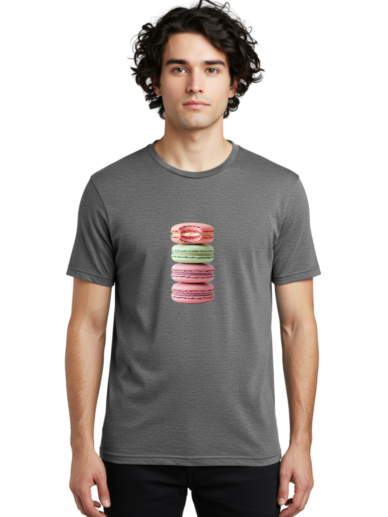 Stacked-Macarons Men'S Graphic Tee, 100% Cotton, Comfortable Casual Summer Wear, Machine Washable, Pink And Green Macarons, Stacked Macarons, French Patisserie, Sweet Treats, Delicate Desserts, Colorful Cookies, Tasty Macarons Bab455