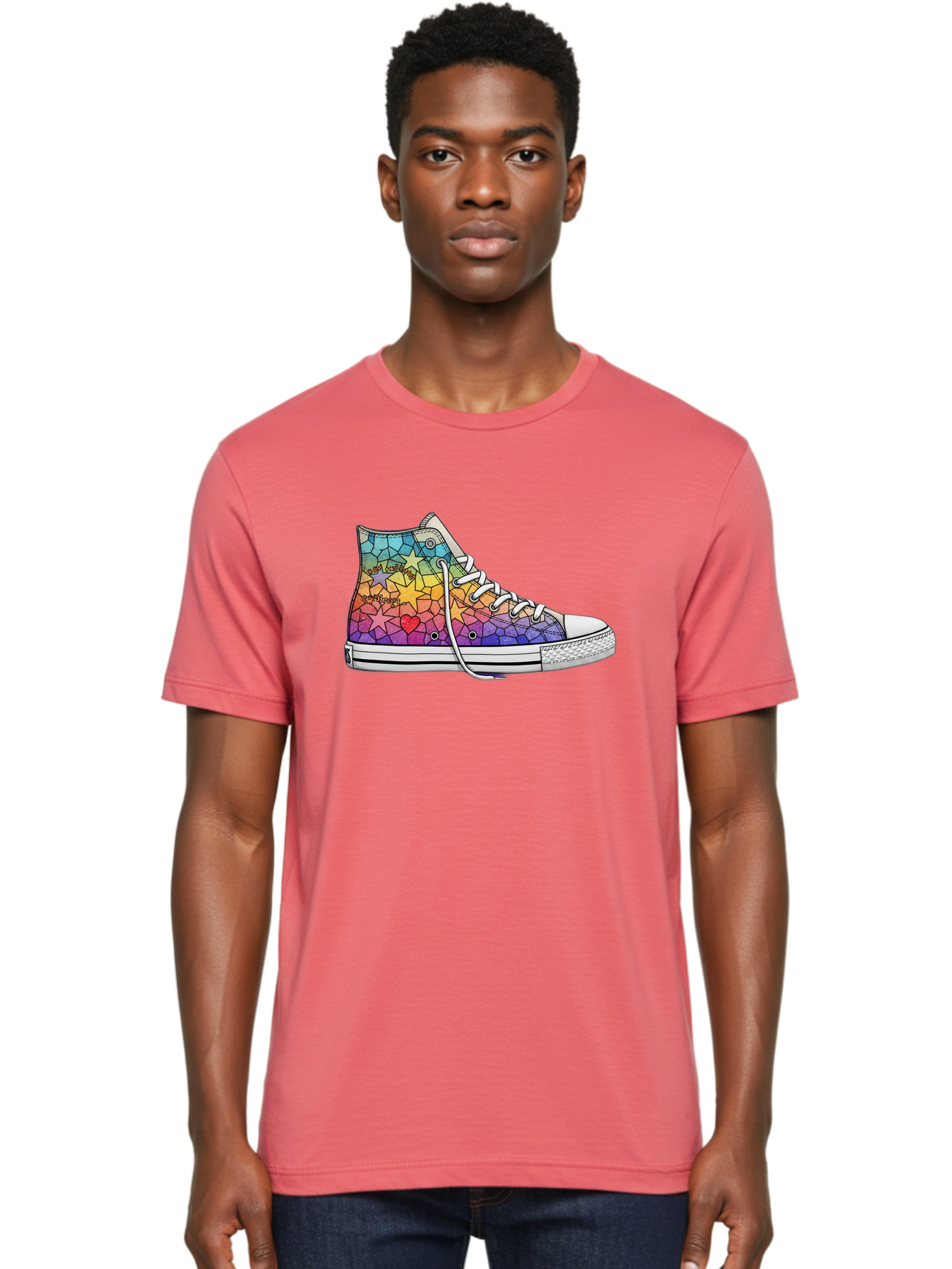 Stained-Glass-Sneaker Men'S Graphic Tee, 100% Cotton, Comfortable Casual Summer Wear, Machine Washable, Colorful Sneakers, Rainbow Stars, Mosaic Art, Vibrant Footwear, Playful Design, Custom Kicks, Funky Fashion, Trendy Shoes, Streetwear Bab456