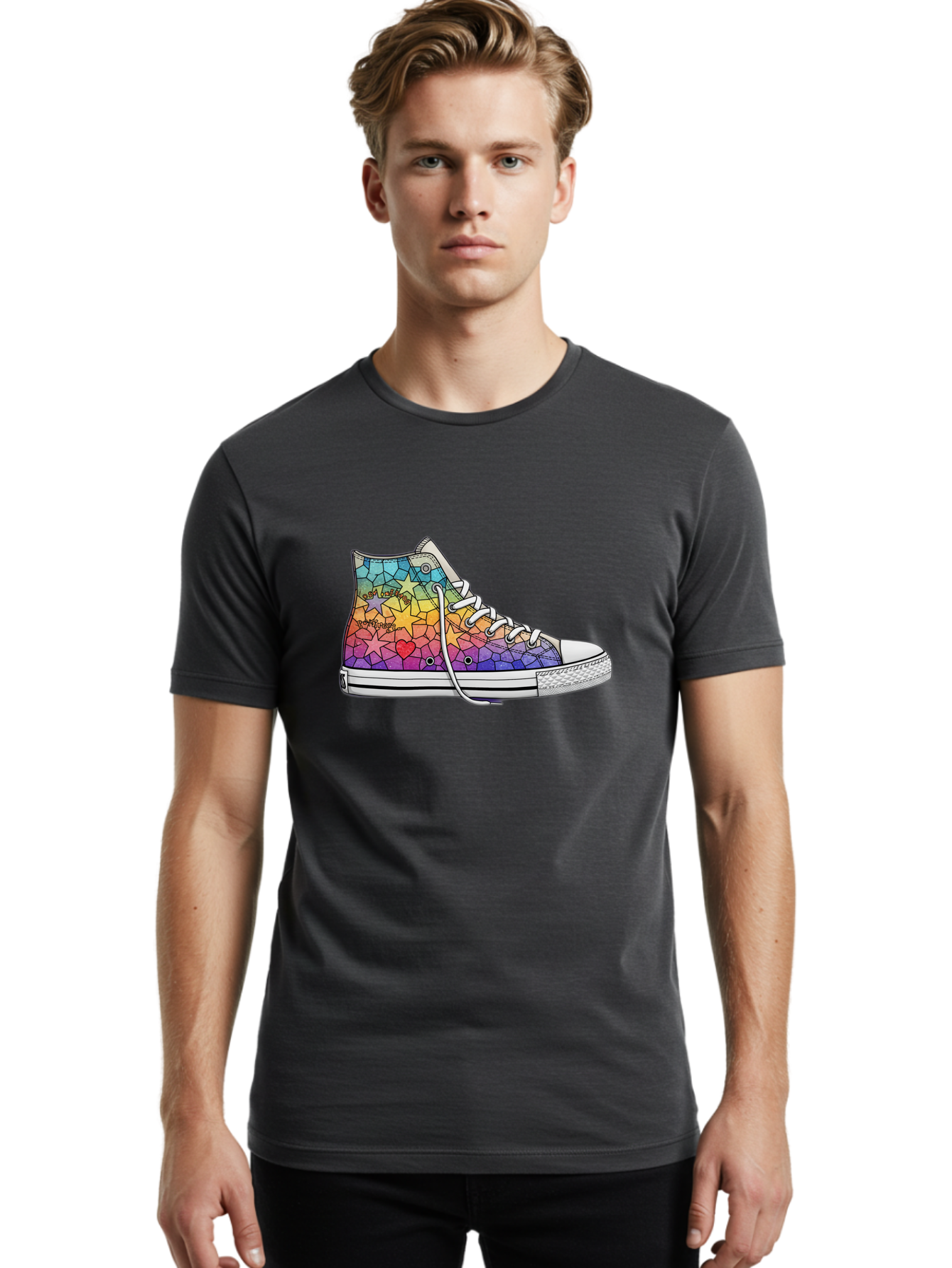 Stained-Glass-Sneaker Men'S Graphic Tee, 100% Cotton, Comfortable Casual Summer Wear, Machine Washable, Colorful Sneakers, Rainbow Stars, Mosaic Art, Vibrant Footwear, Playful Design, Custom Kicks, Funky Fashion, Trendy Shoes, Streetwear Bab456