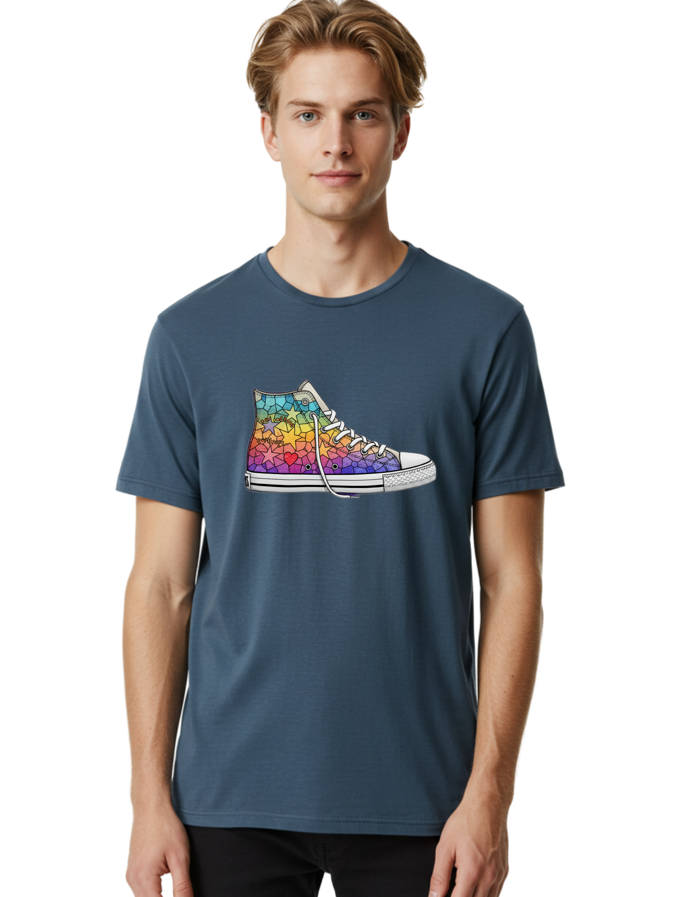 Stained-Glass-Sneaker Men'S Graphic Tee, 100% Cotton, Comfortable Casual Summer Wear, Machine Washable, Colorful Sneakers, Rainbow Stars, Mosaic Art, Vibrant Footwear, Playful Design, Custom Kicks, Funky Fashion, Trendy Shoes, Streetwear Bab456