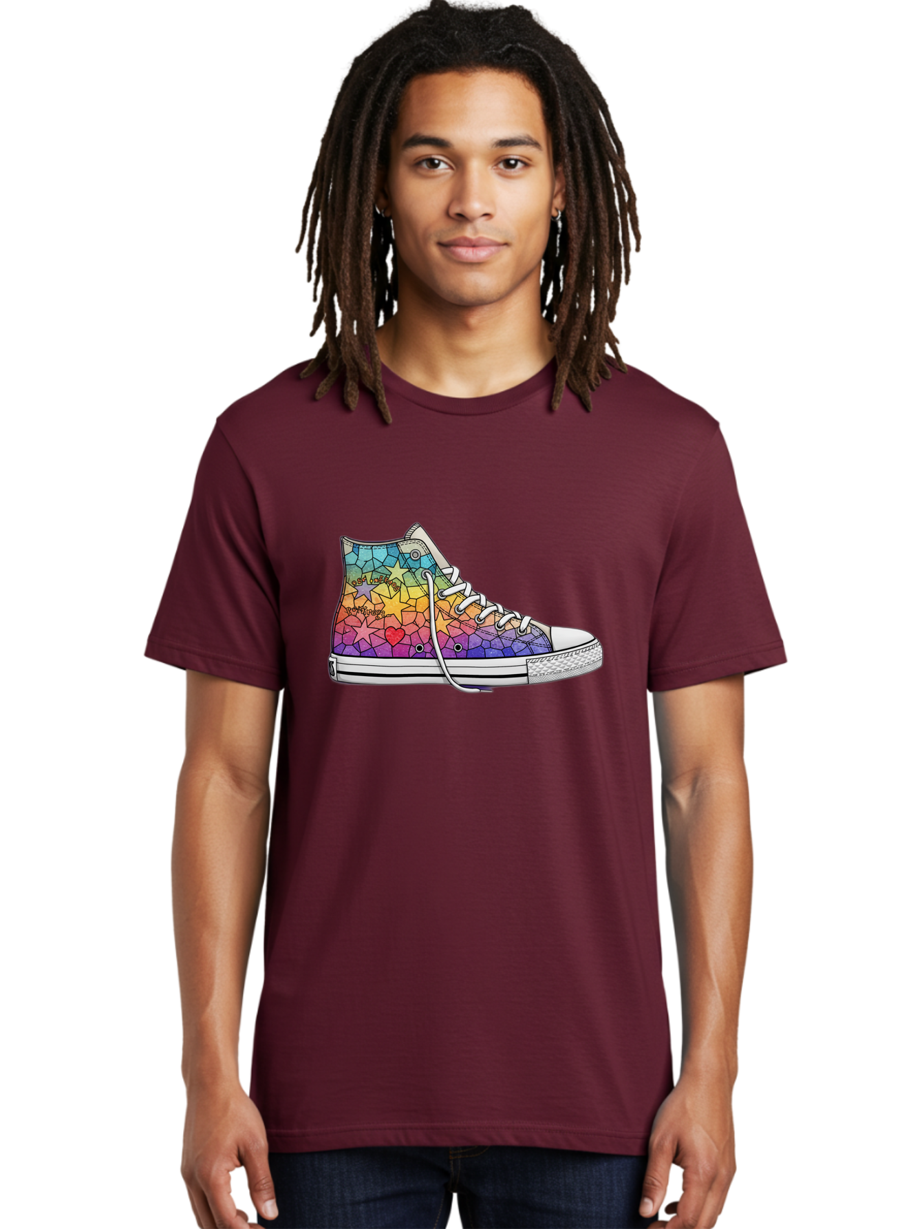 Stained-Glass-Sneaker Men'S Graphic Tee, 100% Cotton, Comfortable Casual Summer Wear, Machine Washable, Colorful Sneakers, Rainbow Stars, Mosaic Art, Vibrant Footwear, Playful Design, Custom Kicks, Funky Fashion, Trendy Shoes, Streetwear Bab456