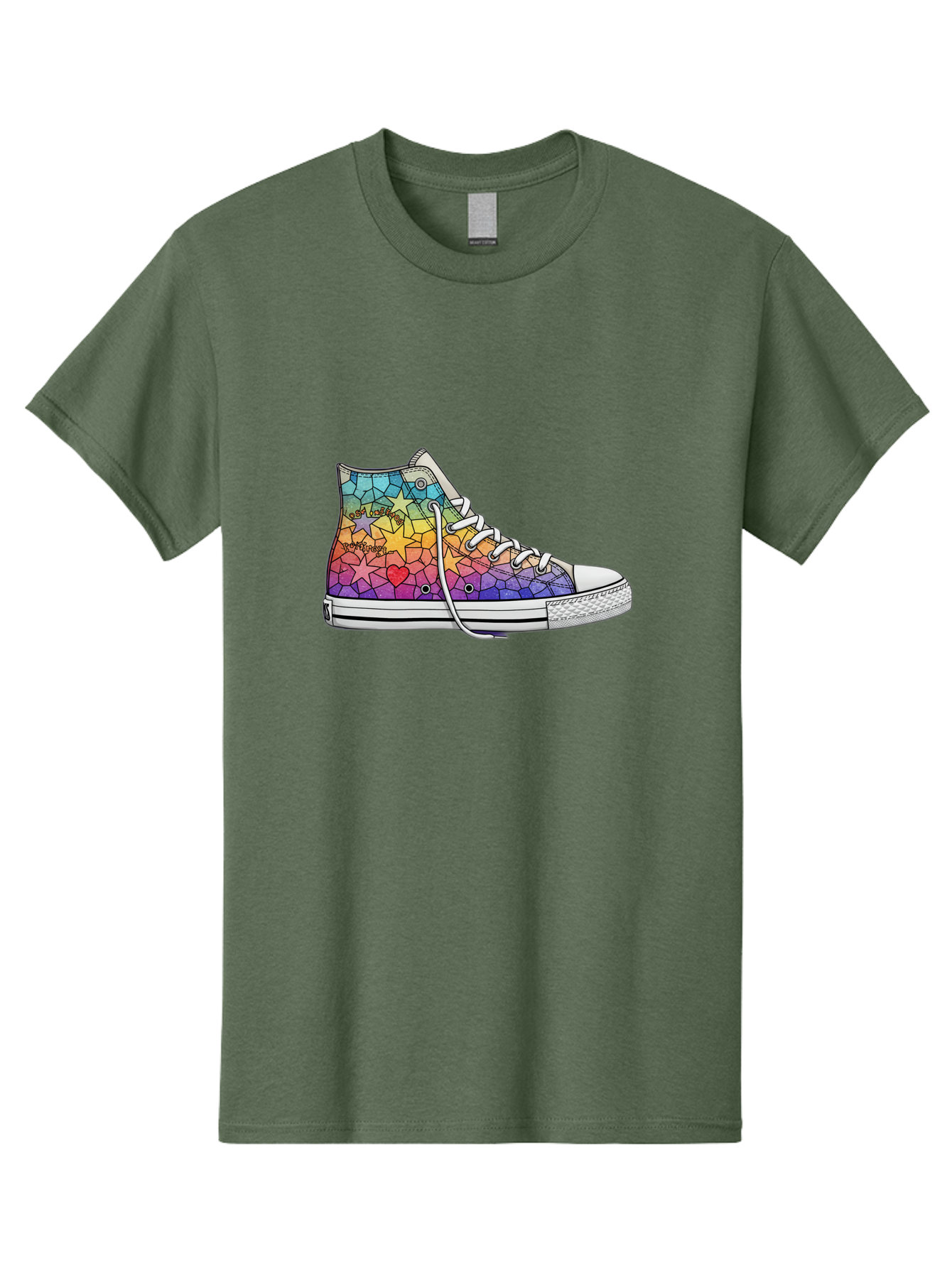 Stained-Glass-Sneaker Men'S Graphic Tee, 100% Cotton, Comfortable Casual Summer Wear, Machine Washable, Colorful Sneakers, Rainbow Stars, Mosaic Art, Vibrant Footwear, Playful Design, Custom Kicks, Funky Fashion, Trendy Shoes, Streetwear Bab456