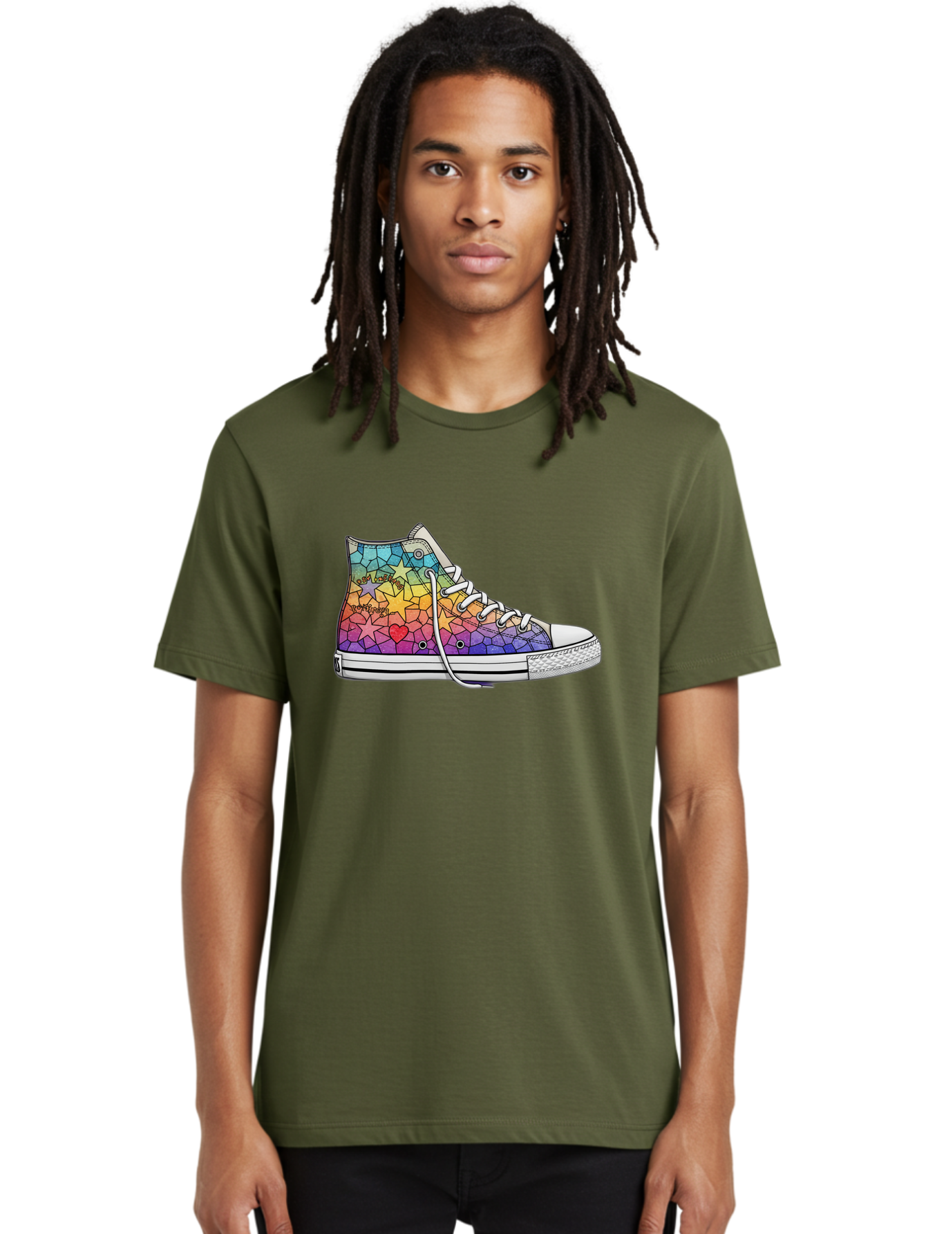 Stained-Glass-Sneaker Men'S Graphic Tee, 100% Cotton, Comfortable Casual Summer Wear, Machine Washable, Colorful Sneakers, Rainbow Stars, Mosaic Art, Vibrant Footwear, Playful Design, Custom Kicks, Funky Fashion, Trendy Shoes, Streetwear Bab456