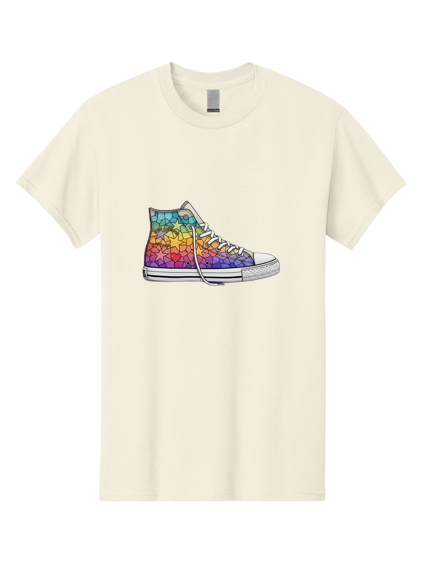 Stained-Glass-Sneaker Men'S Graphic Tee, 100% Cotton, Comfortable Casual Summer Wear, Machine Washable, Colorful Sneakers, Rainbow Stars, Mosaic Art, Vibrant Footwear, Playful Design, Custom Kicks, Funky Fashion, Trendy Shoes, Streetwear Bab456