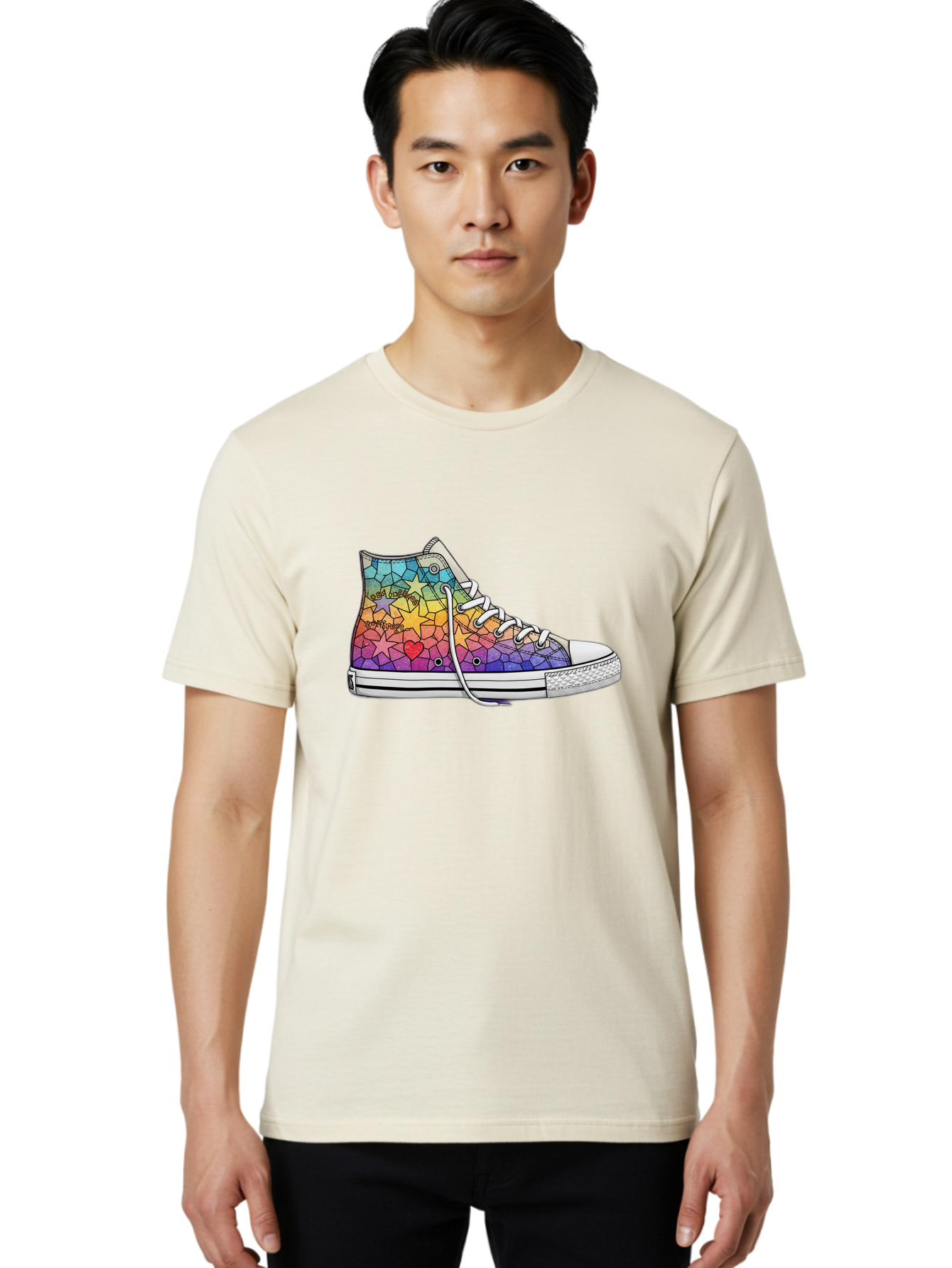 Stained-Glass-Sneaker Men'S Graphic Tee, 100% Cotton, Comfortable Casual Summer Wear, Machine Washable, Colorful Sneakers, Rainbow Stars, Mosaic Art, Vibrant Footwear, Playful Design, Custom Kicks, Funky Fashion, Trendy Shoes, Streetwear Bab456