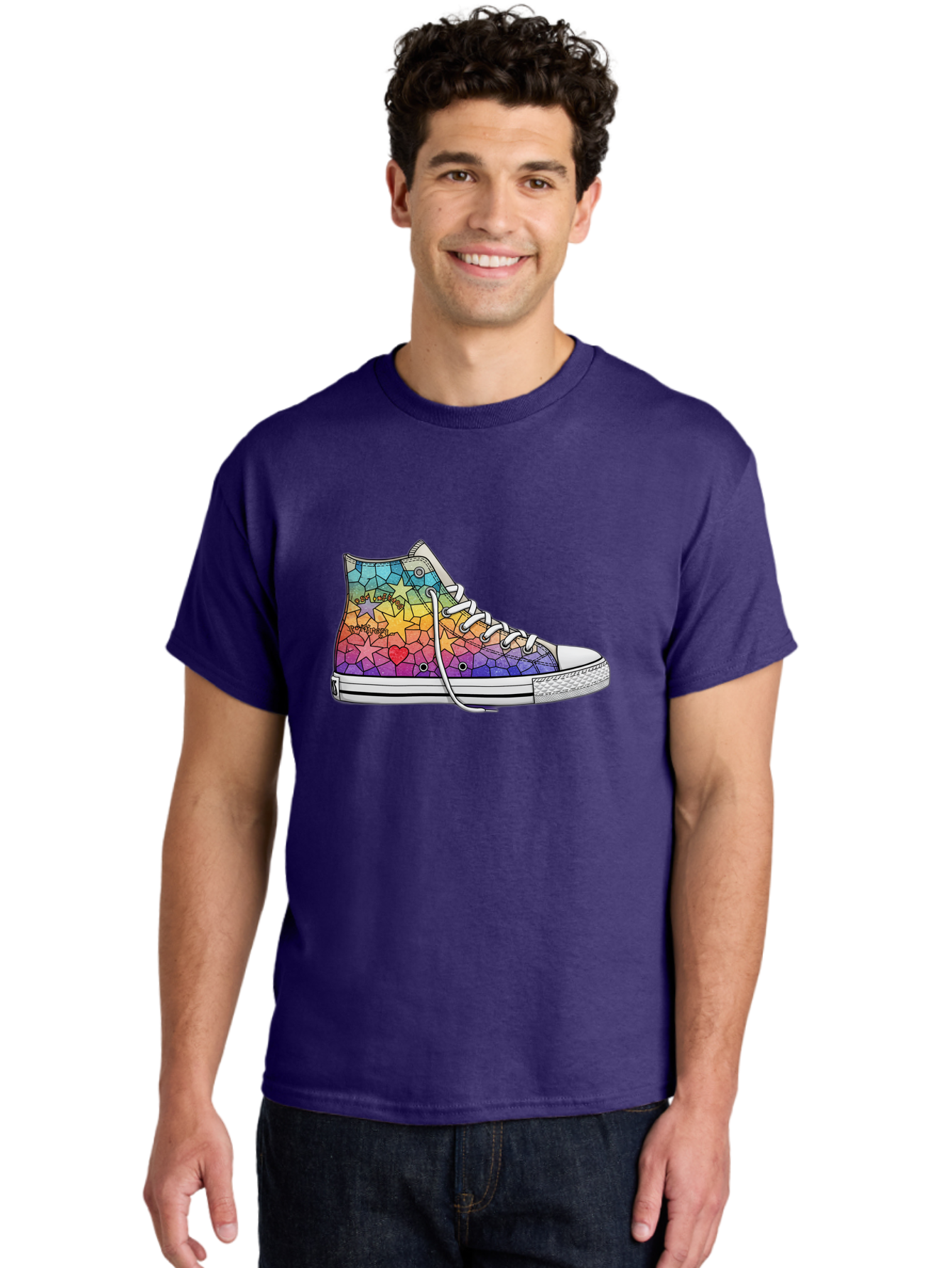 Stained-Glass-Sneaker Men'S Graphic Tee, 100% Cotton, Comfortable Casual Summer Wear, Machine Washable, Colorful Sneakers, Rainbow Stars, Mosaic Art, Vibrant Footwear, Playful Design, Custom Kicks, Funky Fashion, Trendy Shoes, Streetwear Bab456