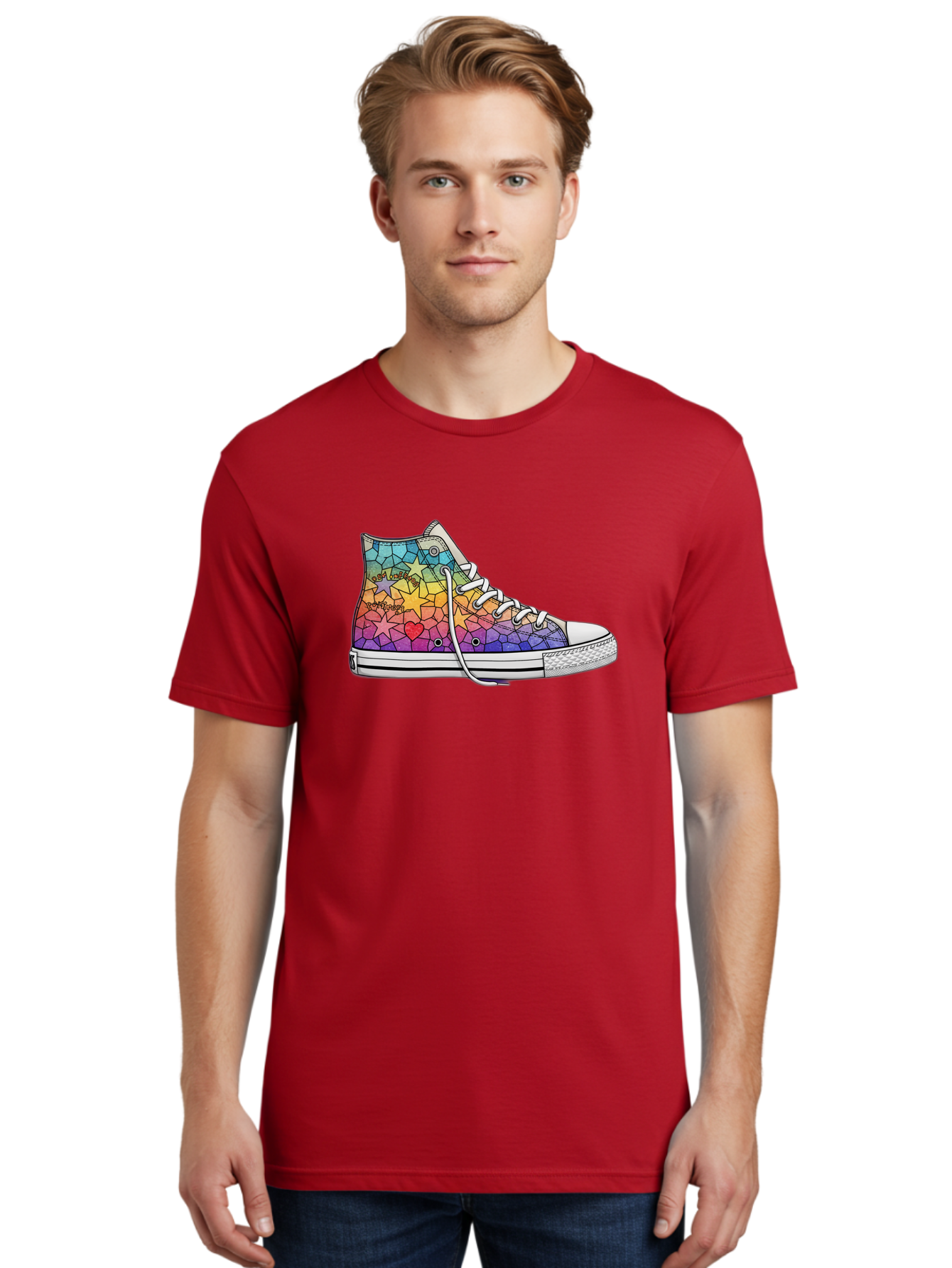 Stained-Glass-Sneaker Men'S Graphic Tee, 100% Cotton, Comfortable Casual Summer Wear, Machine Washable, Colorful Sneakers, Rainbow Stars, Mosaic Art, Vibrant Footwear, Playful Design, Custom Kicks, Funky Fashion, Trendy Shoes, Streetwear Bab456