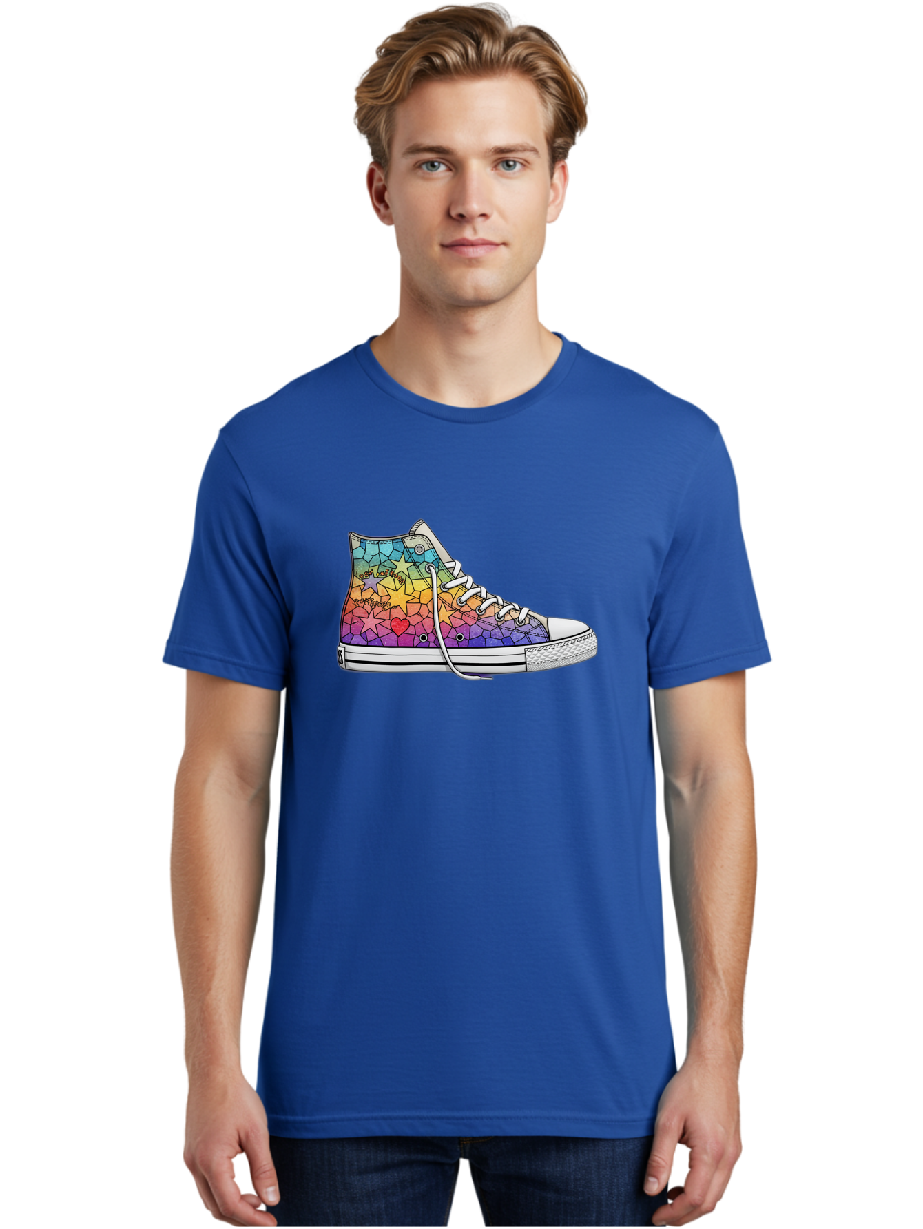 Stained-Glass-Sneaker Men'S Graphic Tee, 100% Cotton, Comfortable Casual Summer Wear, Machine Washable, Colorful Sneakers, Rainbow Stars, Mosaic Art, Vibrant Footwear, Playful Design, Custom Kicks, Funky Fashion, Trendy Shoes, Streetwear Bab456