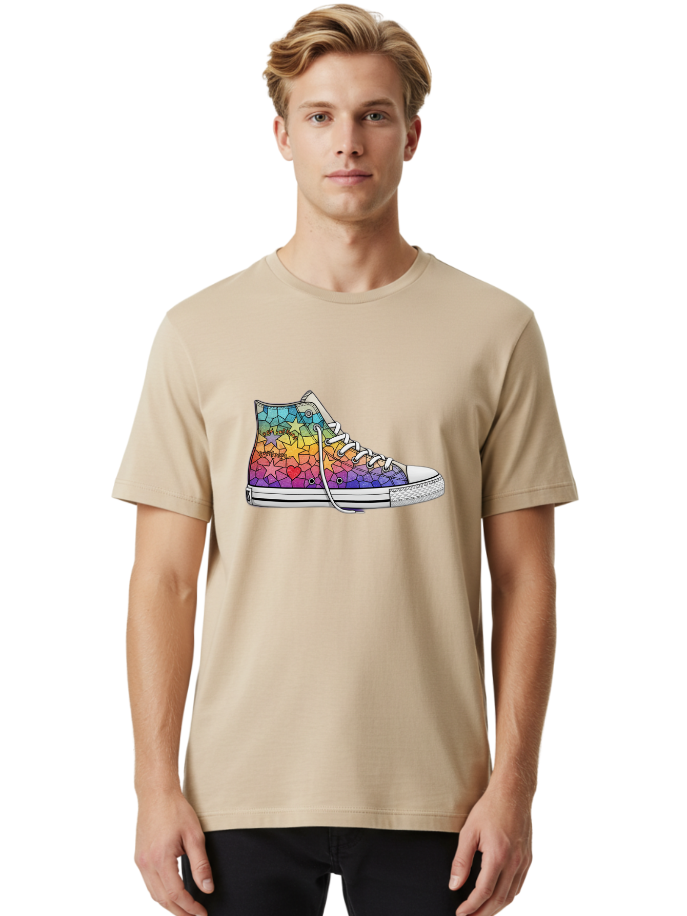 Stained-Glass-Sneaker Men'S Graphic Tee, 100% Cotton, Comfortable Casual Summer Wear, Machine Washable, Colorful Sneakers, Rainbow Stars, Mosaic Art, Vibrant Footwear, Playful Design, Custom Kicks, Funky Fashion, Trendy Shoes, Streetwear Bab456