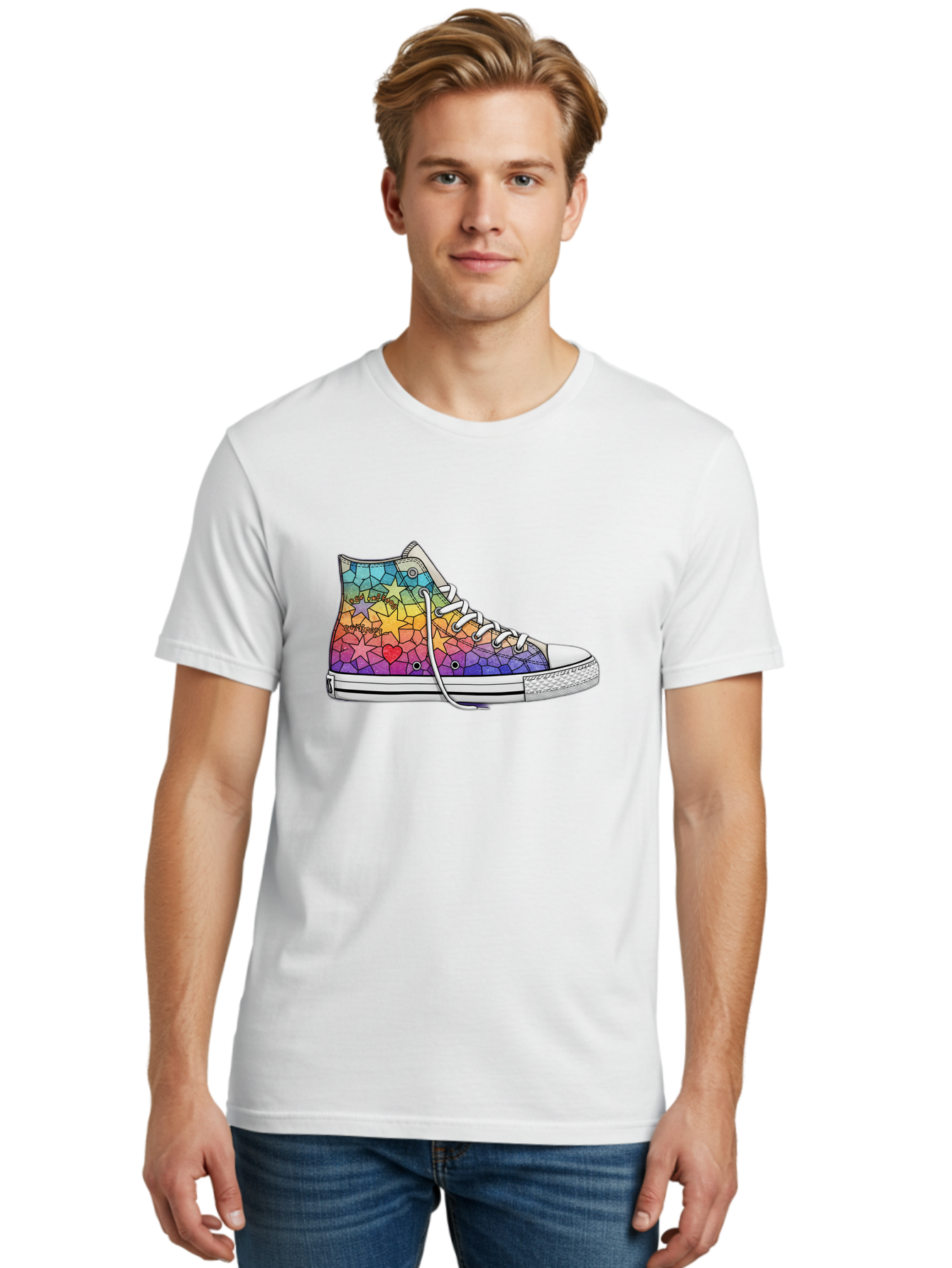 Stained-Glass-Sneaker Men'S Graphic Tee, 100% Cotton, Comfortable Casual Summer Wear, Machine Washable, Colorful Sneakers, Rainbow Stars, Mosaic Art, Vibrant Footwear, Playful Design, Custom Kicks, Funky Fashion, Trendy Shoes, Streetwear Bab456