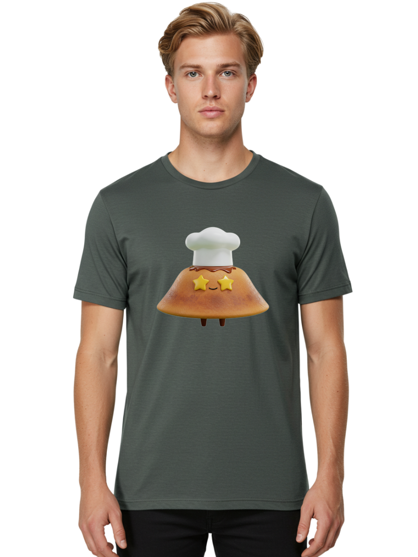 Star-Dosa Men'S Graphic Tee, 100% Cotton, Comfortable Casual Summer Wear, Machine Washable, Smiling Pancake, Chef Hat, Yellow Stars, Chocolate Sauce, Cute Breakfast Food, Adorable Cartoon Character, Fluffy Pancake, Happy Face, Breakfast Theme Bab457