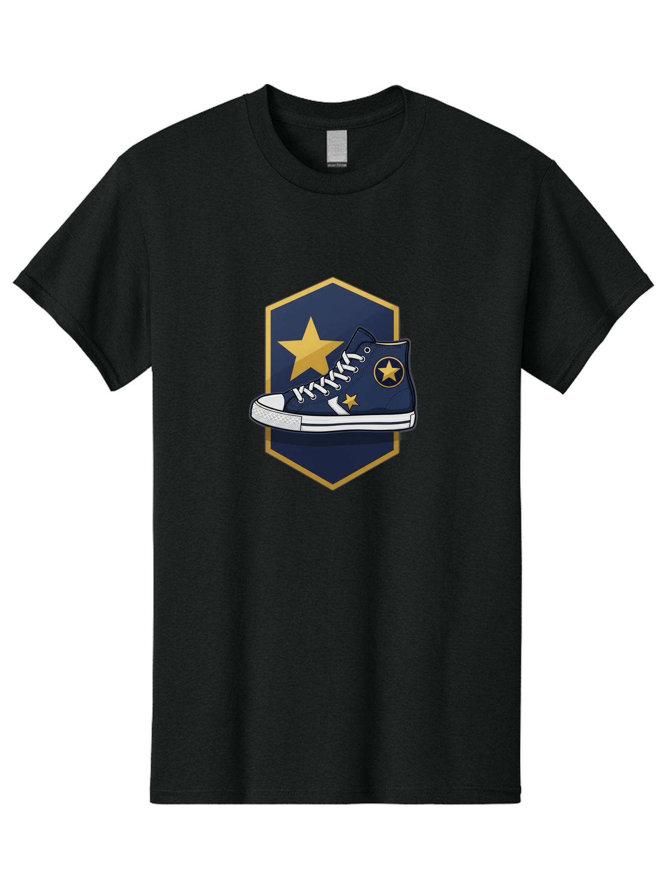 Star-Sneaker Men'S Graphic Tee, 100% Cotton, Comfortable Casual Summer Wear, Machine Washable, Navy Blue Sneaker, White Laces, Yellow Stars, Converse Style, Casual Footwear, Streetwear Fashion, Athletic Shoe, Bold Design, Gold Accents Bab458