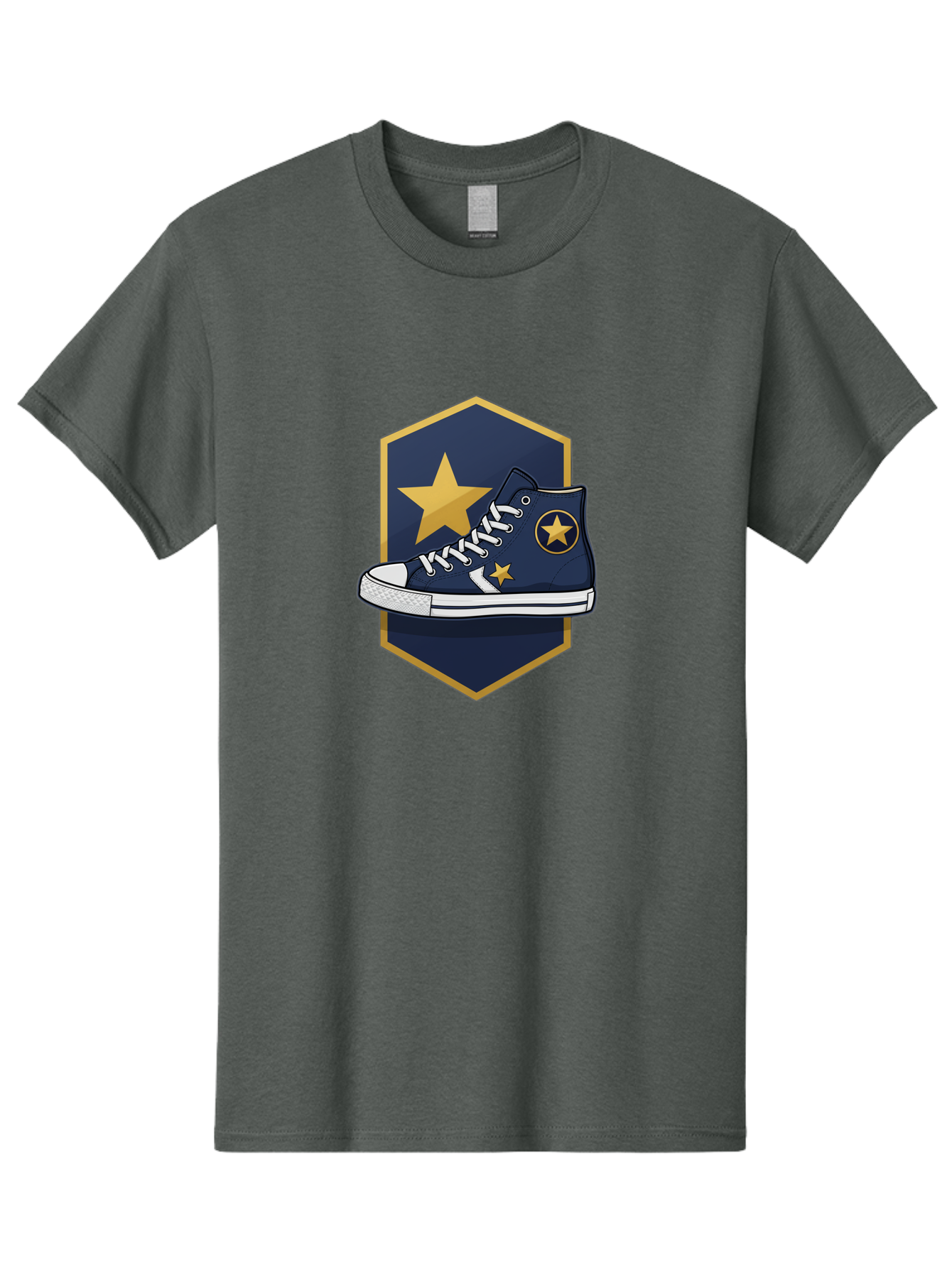 Star-Sneaker Men'S Graphic Tee, 100% Cotton, Comfortable Casual Summer Wear, Machine Washable, Navy Blue Sneaker, White Laces, Yellow Stars, Converse Style, Casual Footwear, Streetwear Fashion, Athletic Shoe, Bold Design, Gold Accents Bab458