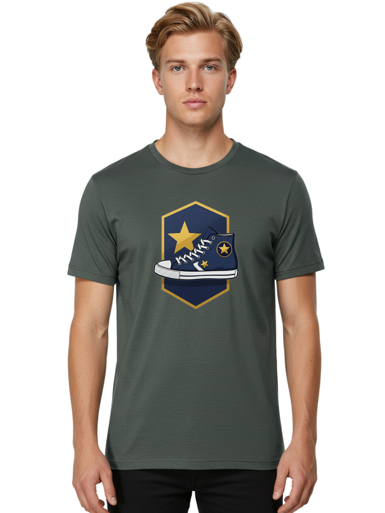 Star-Sneaker Men'S Graphic Tee, 100% Cotton, Comfortable Casual Summer Wear, Machine Washable, Navy Blue Sneaker, White Laces, Yellow Stars, Converse Style, Casual Footwear, Streetwear Fashion, Athletic Shoe, Bold Design, Gold Accents Bab458